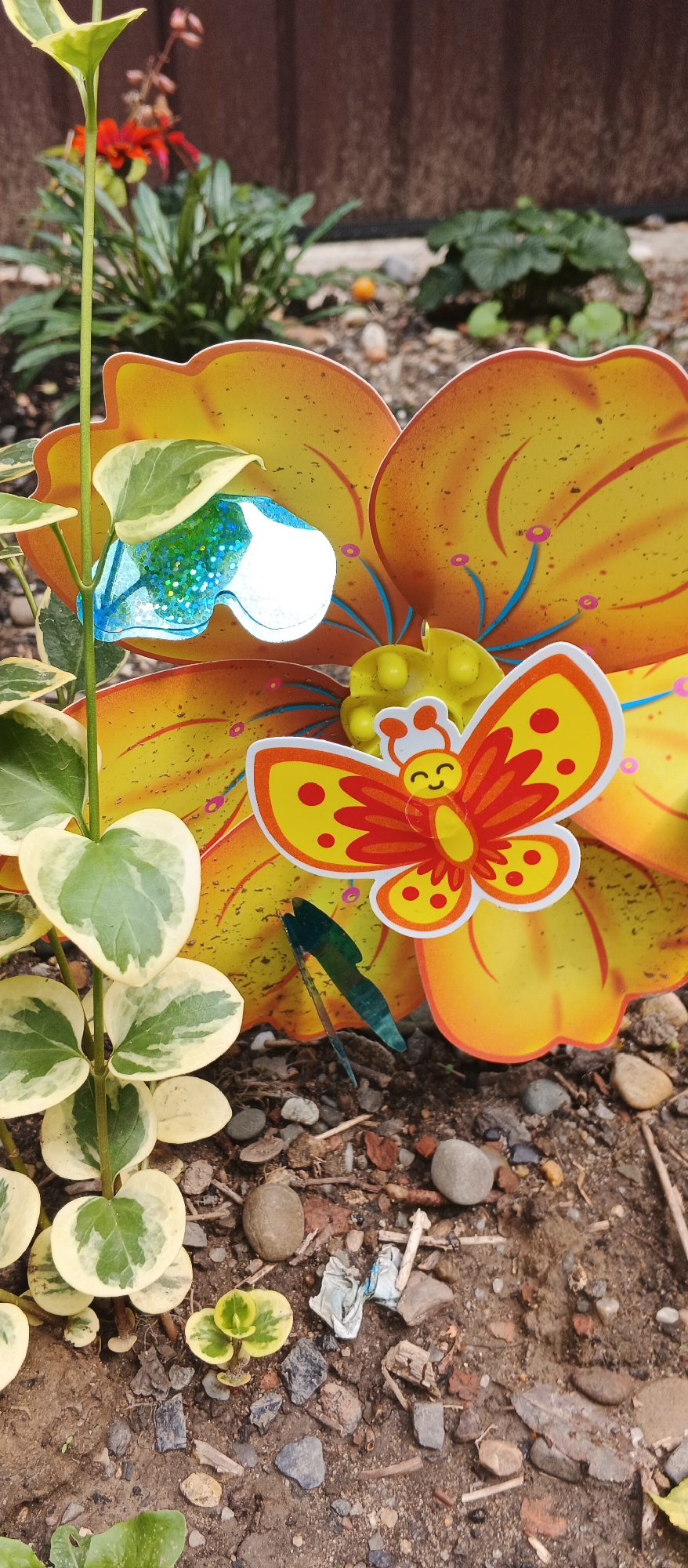 In Berehove, Ukraine, a close-up shot captures a garden scene dominated by a large, bright yellow artificial flower with orange-red accents. A small, cartoonish butterfly decoration, primarily yellow with red spots and an orange outline, is affixed to the center of the flower. To the left of the flower, a variegated plant with heart-shaped leaves, featuring green centers and creamy-yellow edges, grows upwards. In the background, blurred greenery and a brown fence are visible, suggesting a residential or garden setting. The ground is covered with small stones, pebbles, and some scattered debris, including a crumpled piece of white plastic. The overall impression is of a decorative element placed within a garden.