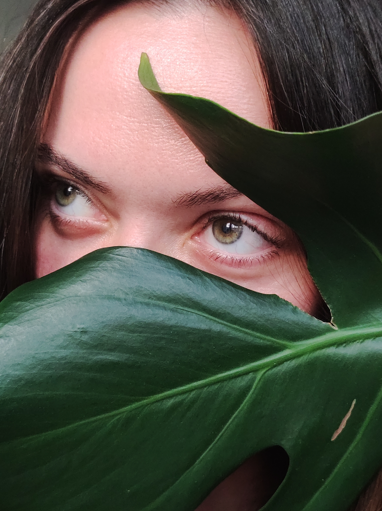 A close-up photograph shows a portion of a person's face, specifically the eyes and forehead, partially obscured by a large, green leaf. The person has light skin, dark hair, and green eyes that are looking to the left of the frame. A large green leaf, possibly a monstera or similar tropical plant, covers the lower half of the face. The leaf has visible veins and slight imperfections, including a small blemish. The overall lighting appears soft and diffused, suggesting an indoor setting. There is no evidence in the image to indicate that the location is in the city of Chaikovsky, Russia.
