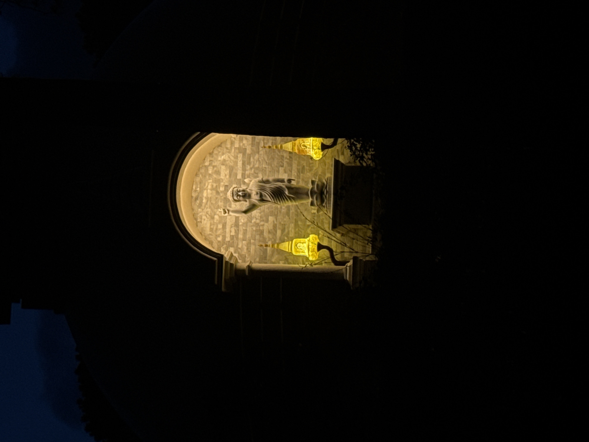 A nighttime, vertical shot captures an illuminated alcove set within a larger, predominantly dark structure in Da Lat, Vietnam. The central feature is a white standing Buddha statue, positioned on a pedestal, with its right arm raised and index finger pointing upwards. The alcove's back wall is composed of light-colored, rectangular bricks or tiles, and is lit with a warm, yellowish light. Two ornate, yellow, pagoda-shaped lamps, also emitting a warm glow, are situated on either side of the statue. Sparse, dark foliage is visible at the base of the alcove. The surrounding structure, possibly a temple or stupa, is silhouetted against the dark, with faint outlines of trees and a deep blue sky visible in the upper left background. No individuals are present.