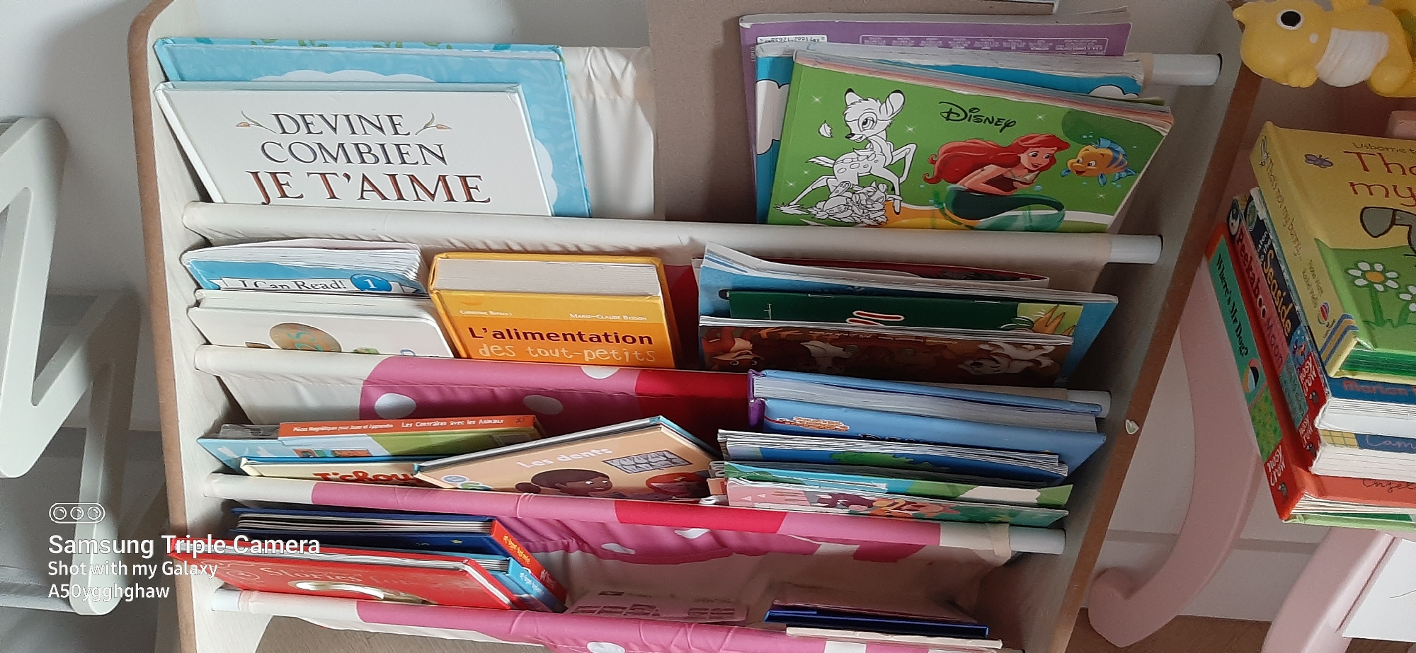 The image shows a close-up of a wooden and fabric children's bookshelf filled with books. The bookshelf is part of a room, but no specific location in Dubai, United Arab Emirates, can be determined from the image. The books are of various sizes and thicknesses, with colorful covers featuring illustrations and text in both French and English. Some of the visible book titles include "DEVINE COMBIEN JE T'AIME", "L'alimentation des tout-petits", "I Can Read!", and Disney characters like Bambi and Ariel. The bookshelf has multiple fabric compartments, some of which are pink with white polka dots. There is also a yellow toy duck visible at the top right of the image. The lighting suggests an indoor setting, possibly a child's room or playroom. No people are present in the image.