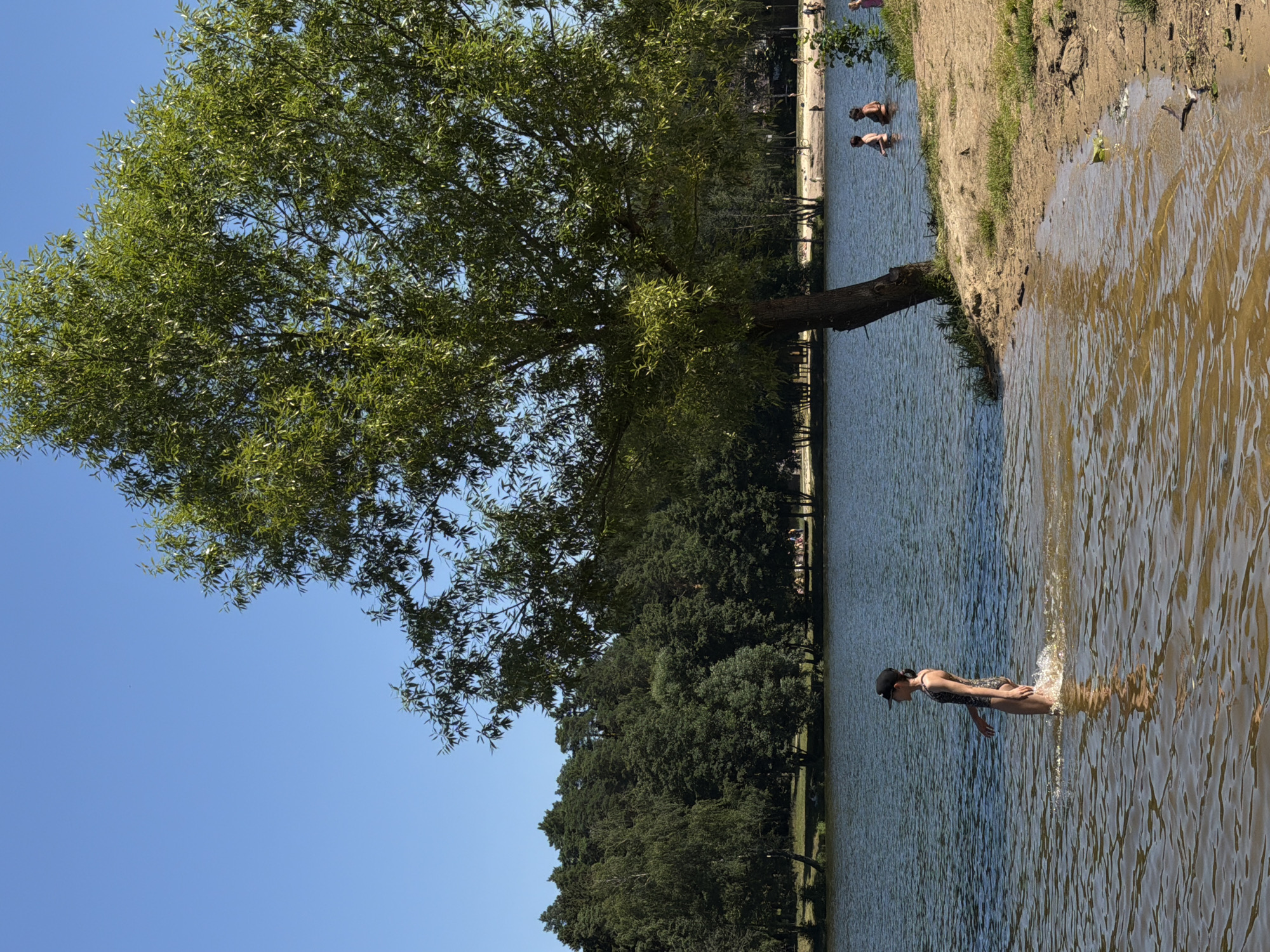 A person is walking in shallow water near the shore of a lake. They are wearing a black and white patterned swimsuit and a black baseball cap. The water is clear and reflects the sky and trees. In the background, there is a sandy beach with several other people. A large tree with green leaves stands on the right side of the frame, casting a shadow on the water. The background shows a dense forest of green trees under a clear blue sky. This scene depicts a recreational area on a sunny day.