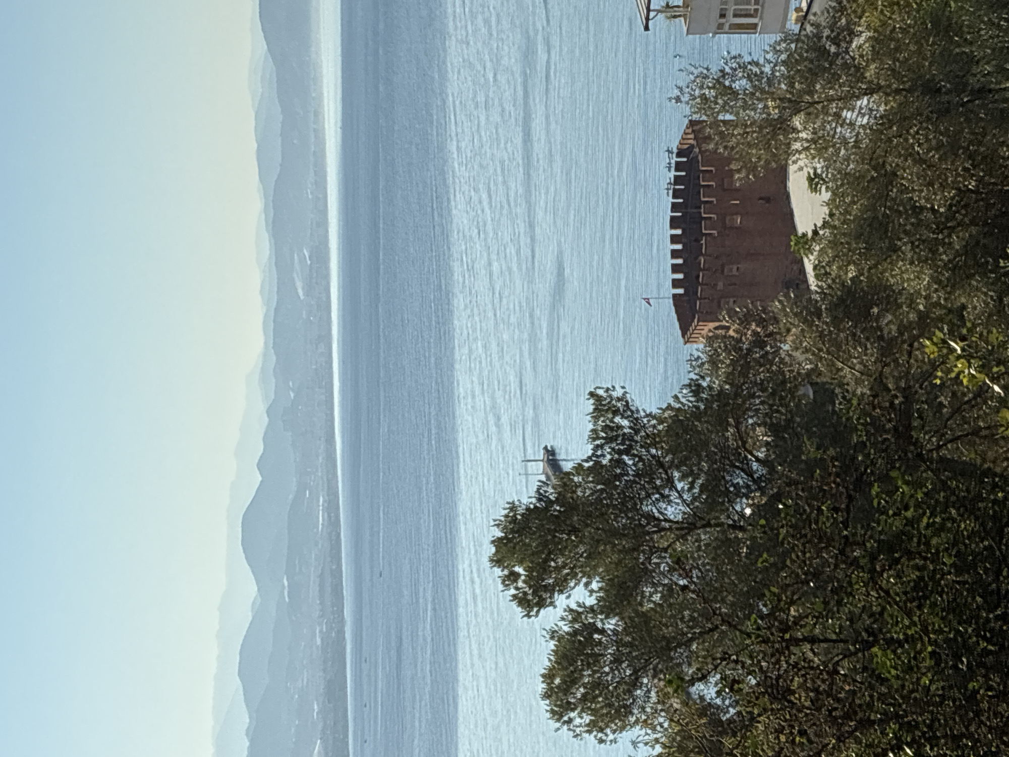 The image captures a scenic view of Alanya, Turkey, dominated by the vast blue sea and a hazy mountainous coastline in the distance. In the foreground, lush green trees with dark foliage partially obscure the view. Prominently featured is the Kızıl Kule (Red Tower), a historic octagonal tower made of red brick, with its distinctive crenellated battlements. A small flag flies atop the tower. To the right of the Red Tower, a modern white building with windows is visible. The sea itself is calm, with a few boats scattered on its surface and a small pier extending into the water. The sky is clear and bright, with a pale blue gradient towards the horizon. The overall impression is one of a sunny day with a mix of historical and natural elements.