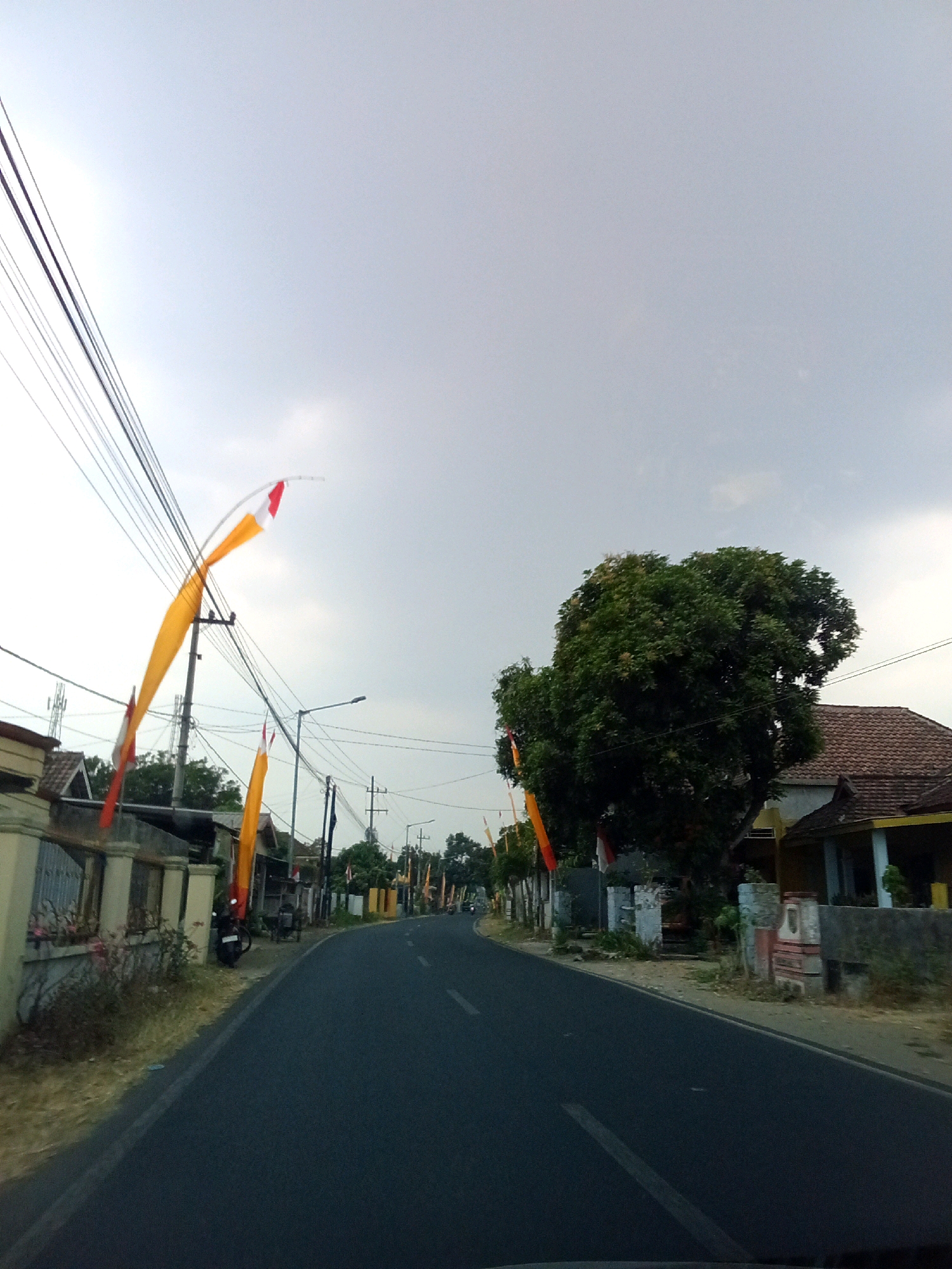 This is a photograph taken from a vehicle on a paved road in the city of Badas, Indonesia. The sky is overcast and light grey. On the left side of the road, a fence lines the property of a building. Several Indonesian flags, which are red and white, are mounted on poles along the road. Some of these flags are partially obscured by a large, leafy green tree on the right side of the road, which is next to a building with a red-tiled roof. Power lines run overhead along the street. A motorcycle is parked on the side of the road near the fence. The road curves to the right as it goes into the distance, where more flags and trees are visible.