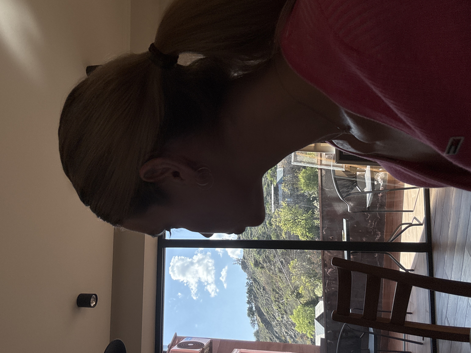 An individual with blonde hair tied in a ponytail is captured in profile, facing right, in what appears to be a brightly lit room with a panoramic view. The person's face is largely obscured by shadow, and they are wearing a vibrant pink top with a small, dark rectangular logo or patch visible on the left side of their chest.
The indoor setting includes a light-colored wall with a black cylindrical light fixture mounted on it. A wooden chair is partially visible in the foreground, suggesting a seating area. The room is dominated by a large window or glass door that offers an expansive view of the outdoors.
Beyond the window, a sunny daytime scene unfolds. The sky is clear and blue, dotted with white, fluffy clouds. A rugged, mountainous landscape with varying shades of green vegetation and rocky areas extends into the distance. Below the mountains, a terrace or balcony is visible, featuring modern outdoor furniture, including chairs and a table. An air conditioning unit is also visible on a lower level of the outdoor structure.
The overall impression is one of tranquility, with the interior providing a comfortable vantage point for appreciating the natural beauty outside. No specific activity is discernible from the person's posture, which suggests a moment of contemplation or rest. No explicit text is clearly readable in the image.