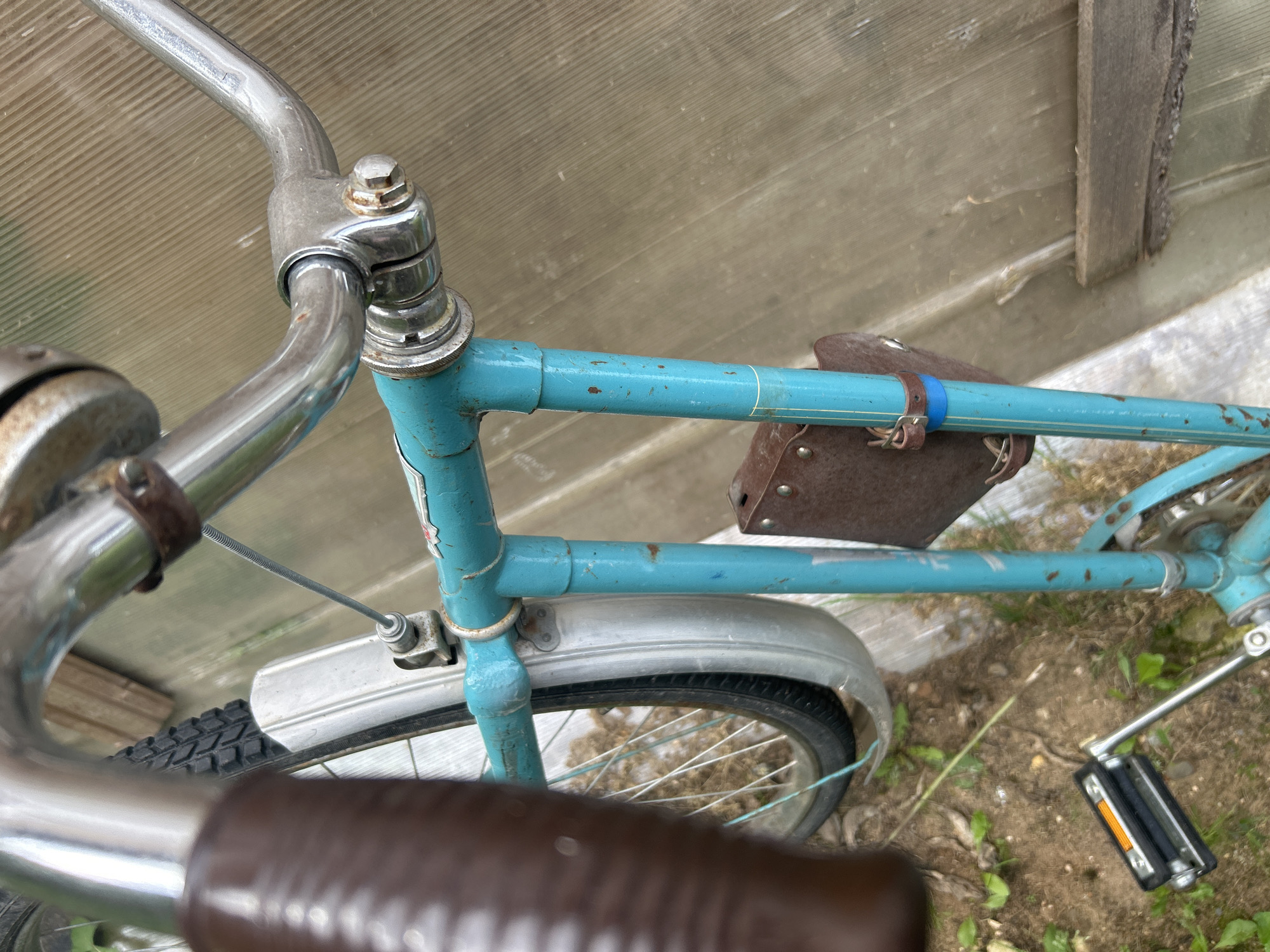The image shows a close-up, overhead view of a turquoise bicycle frame and handlebars, positioned outdoors in an environment that appears to be a yard or rural setting. The bicycle has a brown handlebar grip and a portion of a silver fender and wheel are visible. A small, rusty leather pouch is attached to the bicycle frame. The background consists of dry vegetation and a translucent, ribbed structure, possibly a greenhouse or shed wall. The ground is covered in dirt and scattered green leaves. A single black and orange bicycle pedal is also visible in the lower left of the frame. The scene is static, with no people or discernible activity. The lighting suggests it is daytime. The image does not contain any specific landmarks or features that would definitively place it in Kaliсino, Russia, beyond the assumption provided in the prompt.