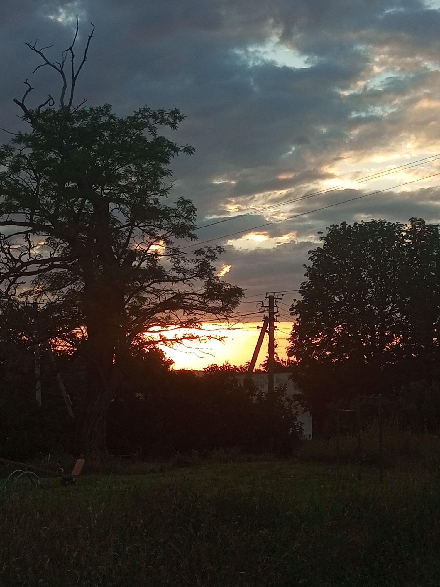The image captures a sunset over a rural landscape in Ароматновское сельское поселение, Ukraine. Silhouetted against the vibrant sky are several trees, one of which is particularly large and gnarled with bare branches reaching upwards. Power lines and a utility pole are visible in the middle ground. The foreground consists of tall grass and a small piece of playground equipment, possibly a seesaw, on the left. The sky is dramatic with dark clouds interspersed with patches of golden sunlight breaking through. The overall impression is one of a serene, natural setting at dusk.