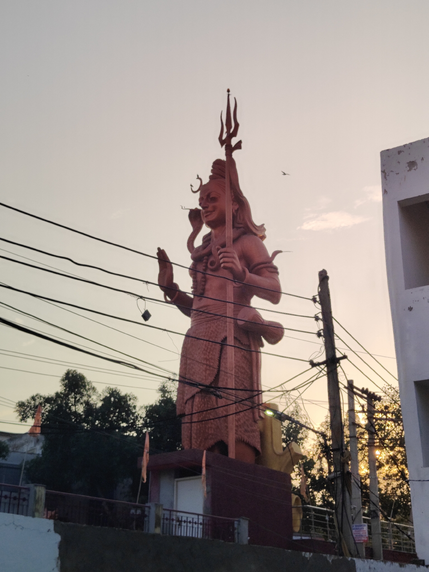 A massive, reddish-orange statue of a Hindu deity, likely Shiva, dominates the frame, seen from a low angle against a hazy, pale sky. The statue is tall, with the deity holding a trident in its right hand and extending its left hand upwards. A snake is coiled around its neck. Below the statue, electrical wires crisscross the scene, creating a dense network that partially obscures the view. A utility pole with multiple wires is visible to the right of the statue. In the background, dark green trees are interspersed with glimpses of buildings and the warm glow of sunset. Two orange flags are visible amongst the trees. The lower part of the image shows a dark, multi-tiered structure, possibly a building or a viewing platform, with a metal railing. The overall atmosphere is somewhat muted, with the light suggesting either dawn or dusk. The location is identified as Gurgaon, India.
