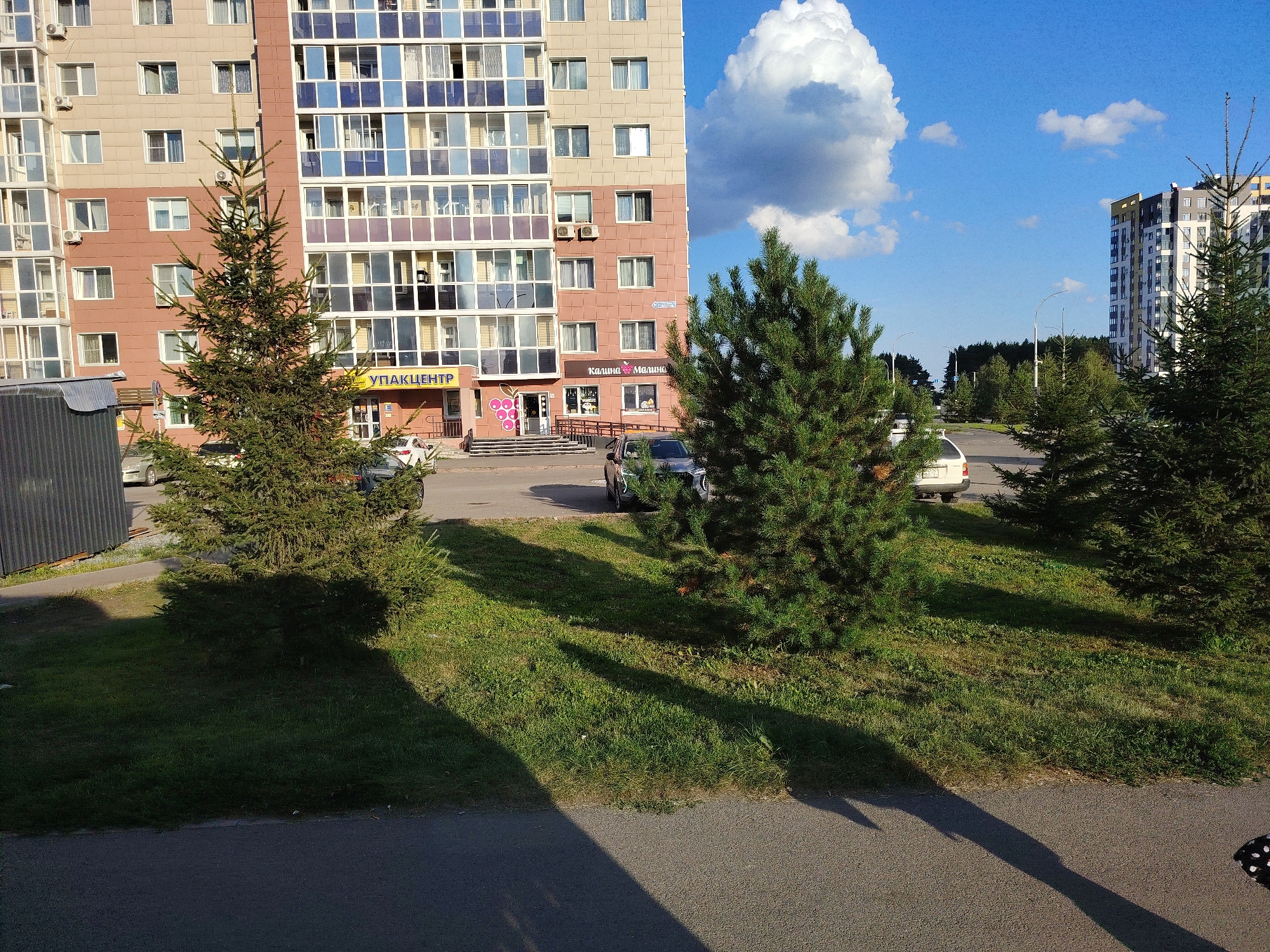 A multi-story apartment building in Kemerovo, Russia, is shown with a bright blue sky and fluffy white clouds overhead. In the foreground, a patch of green grass is illuminated by sunlight, casting long shadows from two evergreen trees. The building, a mix of beige and pink facades with blue, purple, and white windows, has several air conditioning units visible. At the base of the building, signs for "УПАКЦЕНТР" (Pack Center) and "КАЛИНА МАЛИНА" (Kalina Malina) are visible, indicating commercial establishments. Several cars are parked on the asphalt in front of the building, including a white sedan and a dark-colored SUV. The scene depicts a typical urban residential area on a sunny day.