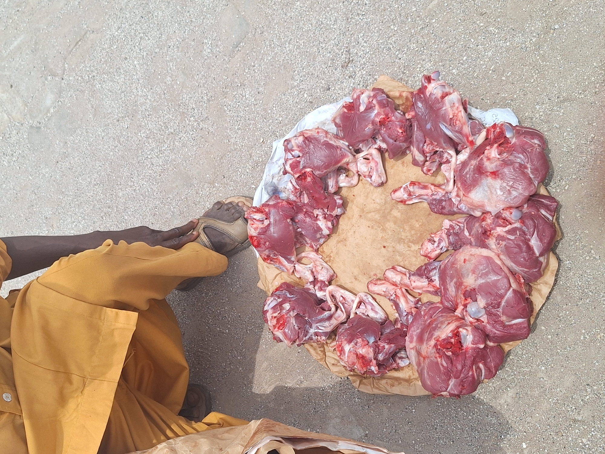 A high-angle shot shows a person in mustard-yellow pants and brown sandals seated next to a brown paper bag or large plate that has been laid on the ground. Spread across the paper surface are approximately 15-20 pieces of raw meat. This image was reportedly taken in Maiburiji, Nigeria.