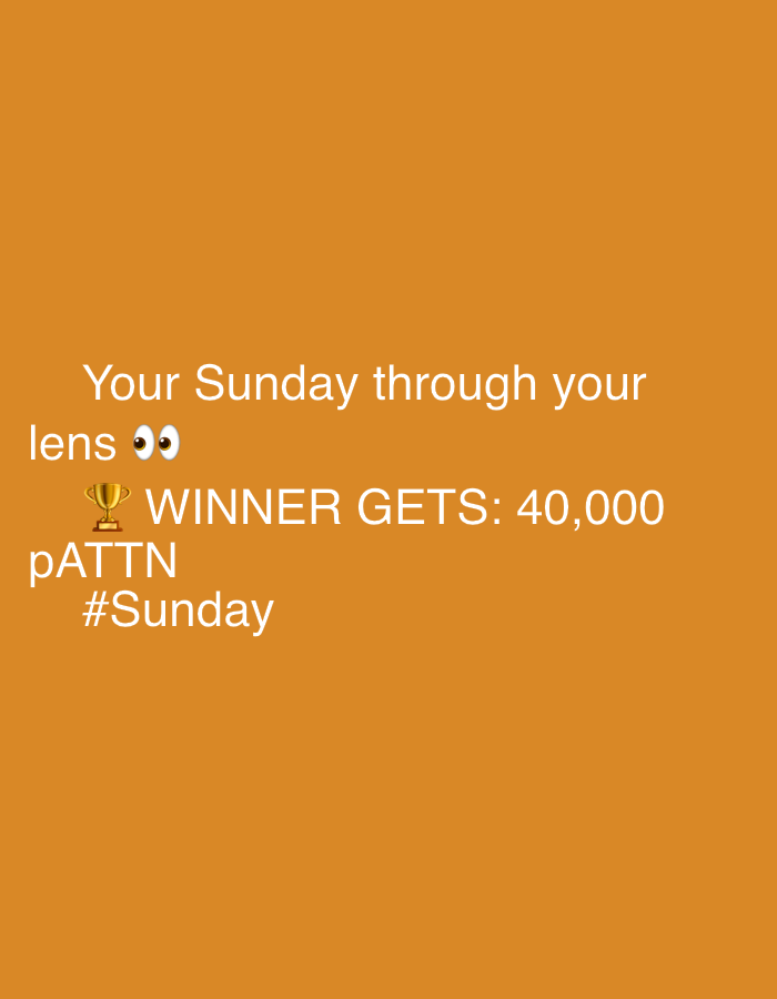 The image is a digital graphic with white text on an orange background. The text reads: "Your Sunday through your lens 👀 🏆 WINNER GETS: 40,000 pATTN #Sunday". There are no people, objects, or any discernible elements of the environment, and therefore no information about Męcina, Poland can be extracted.