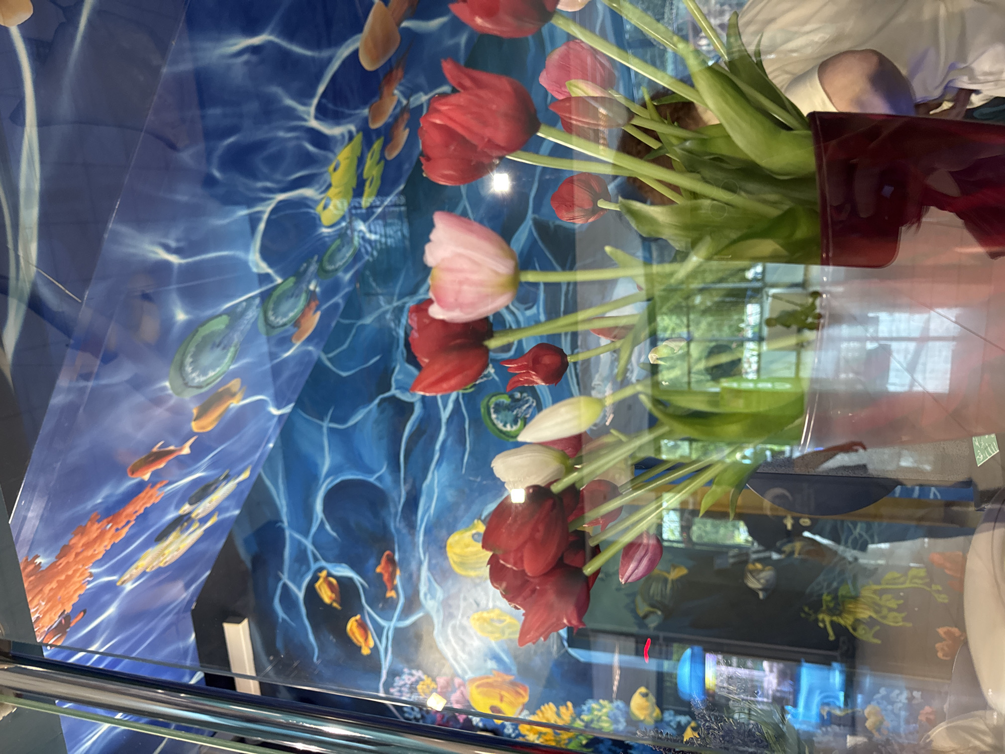 The image shows a complex interplay of objects and reflections, making a straightforward description challenging. In the foreground, a red vase filled with tulips is visible, the flowers being red, pink, and white, with green stems and leaves. The image is dominated by a table or counter featuring an aquatic scene. The table has an underwater themed design with images of fish, coral, and other aquatic elements, creating a backdrop for the vase.
Reflections of the environment are present in the shiny surface of the table, including the person standing behind it. The environment appears to be indoors, possibly a shop or gallery, with elements like light fixtures and furnishings. The overall impression is one of a carefully arranged display, mixing elements of nature and artifice.
There is no evidence that allows to determine the location in Sochi, Russia.