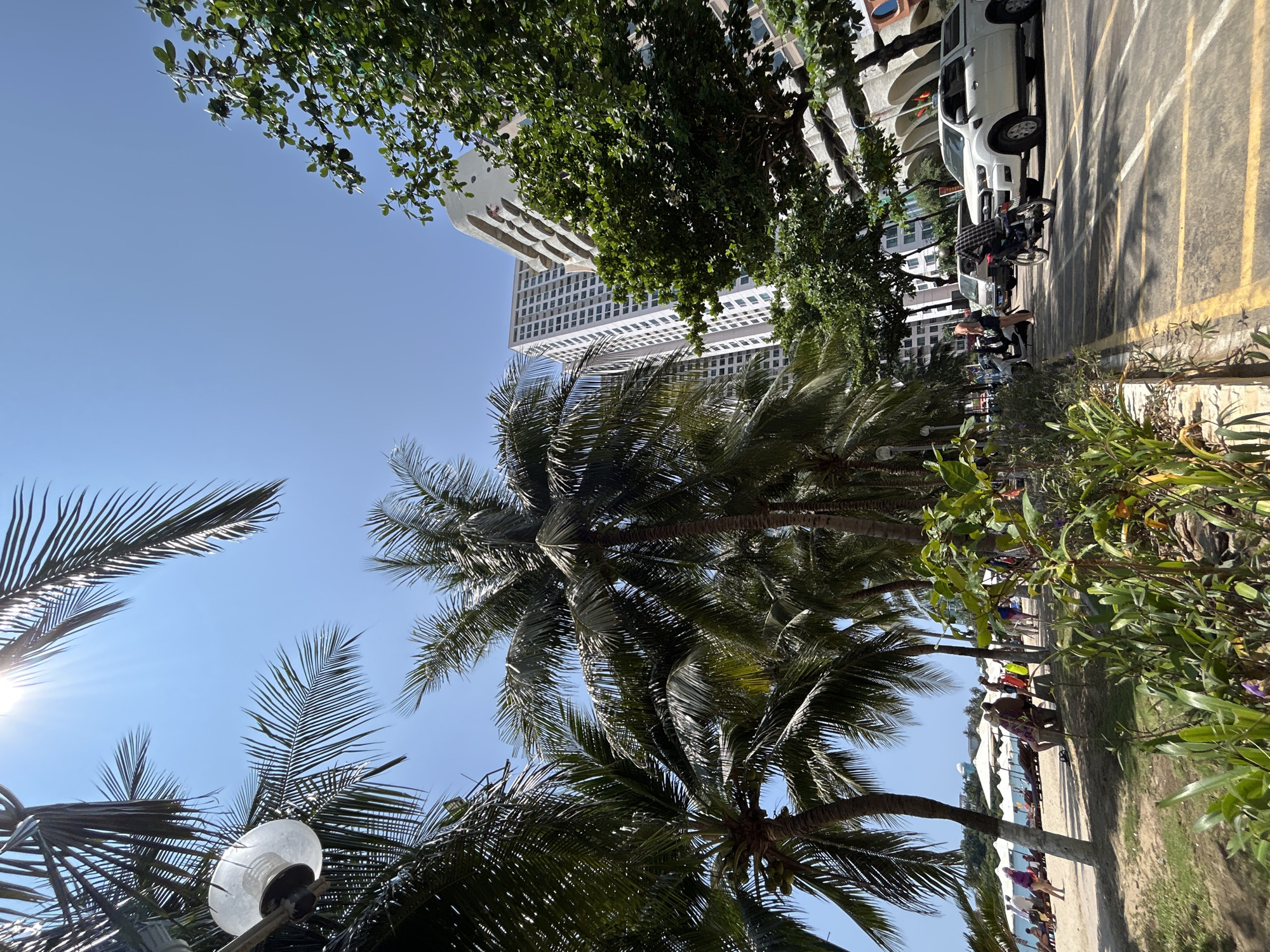 This media file captures a bright, sunny tropical scene in Bắc Nha Trang, Vietnam, taken from a low-angle perspective looking upwards. The dominant features are the clear, vibrant blue sky and abundant green foliage.
Numerous tall palm trees with wide fronds fill the foreground and mid-ground, some bearing green coconuts. The sun, visible in the upper left, creates a strong glare and backlights the palm fronds, highlighting their textures. Other dense green trees with smaller leaves are present, particularly along the right side and upper portion of the image. A street lamp fixture is partially visible in the lower left, nestled among the palm fronds.
In the background, a modern, tall white building with multiple windows and balconies stands against the sky, partially obscured by the trees. Another building with distinctive curved architectural elements is also visible.
To the right, a paved road or parking area is delineated by yellow and white markings. Several white pickup trucks or SUVs are parked alongside this road. Motorbikes and scooters are also present, with individuals standing or sitting near them; one person in a plaid shirt is near a motorbike, and another is on a scooter. Further to the right, past more greenery, a beach or promenade area can be seen, dotted with white beach umbrellas and loungers, with several people visible, either walking or relaxing.
The scene depicts a clear, warm, and sunny mid-day, evident from the strong sunlight and bright sky. The overall atmosphere is lively and typical of a coastal resort or urban area. No discernible text is visible in the image.