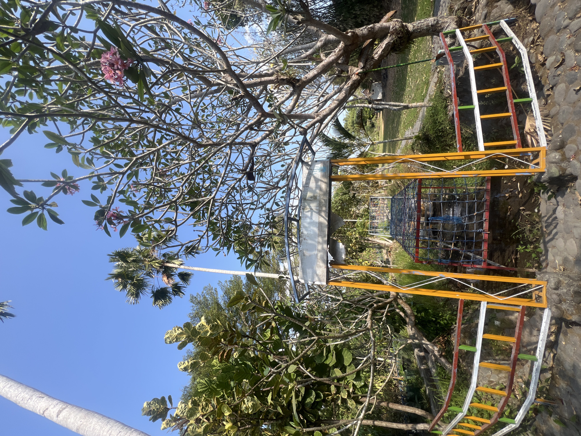 The image depicts a vibrant, outdoor scene in Tlogoadi, Indonesia, featuring a playground-like structure with a colorful railing. The railing is constructed with horizontal bars painted in red, white, and green, supported by yellow vertical posts. Beyond the railing, a netted bridge or walkway is visible, designed with a red frame and blue netting. The surrounding environment is lush and tropical, with a variety of trees and foliage. Notably, a tall palm tree stands in the background, alongside other leafy trees, one of which bears small pink flowers. The sky is a clear, bright blue, suggesting a sunny day. The ground appears to be covered with stones and dry leaves, indicative of a natural outdoor setting. No people are present in the image.