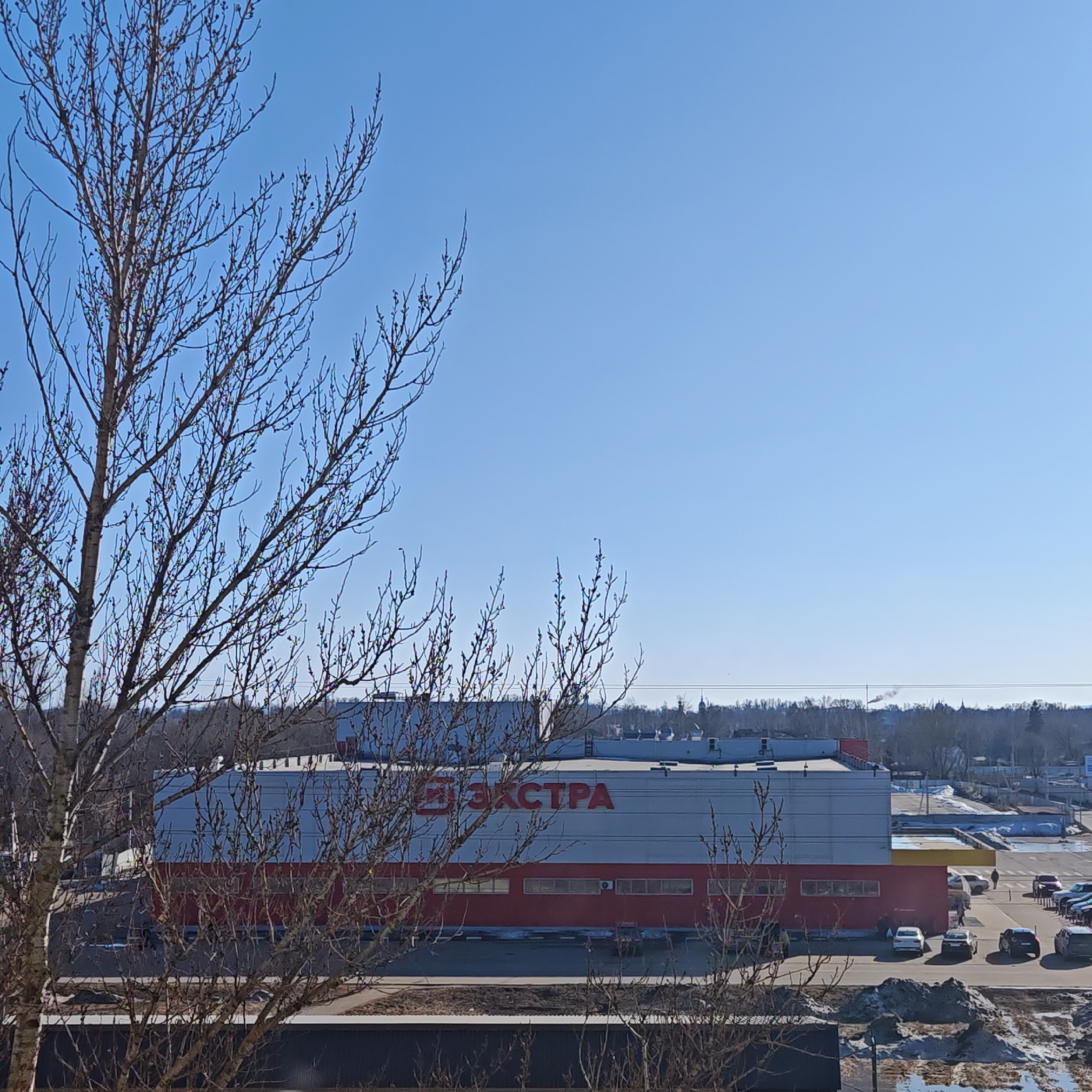 The image captures a street-level view in Rostov, Russia, on a clear, sunny day. A large, red and white building, identified by the Russian word "ЭКСТРА" (EXTRA) in red letters on the white upper section, dominates the midground. This building is likely a retail store or supermarket. A parking lot sits in front of the building, containing several cars. A few pedestrians are visible near the building's entrance.
In the foreground, a leafless tree branch partially obscures the view, suggesting it is either early spring or late fall. Behind the building, a row of trees and other buildings can be seen in the distance. The sky is a clear, bright blue with little to no cloud cover. The area surrounding the building appears to be a mixed commercial and residential zone.
