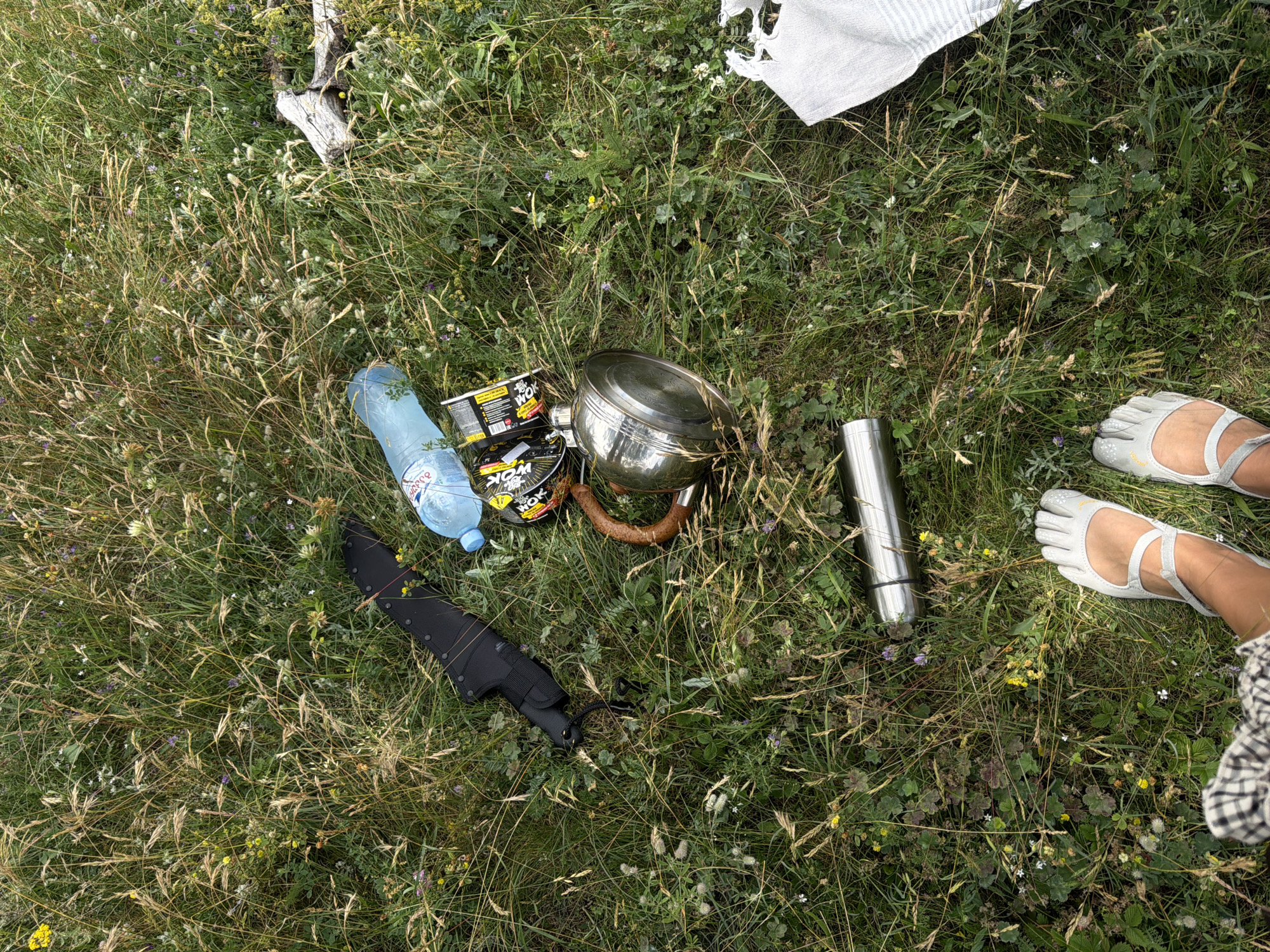 The image shows a collection of items laid out on a grassy field, likely in the city of Mskhaldidi, Georgia. In the foreground, the feet of a person wearing grey, five-toed sandals are visible, along with a portion of a checkered skirt. To the left, a black knife in a sheath rests on the grass. Nearby, a clear plastic bottle of water is present, along with two cans. A stainless steel pot with a brown handle is positioned centrally. A silver thermos is lying on its side further down. A white cloth with blue stripes is partially visible in the lower right corner. The environment is characterized by dense green grass, scattered wildflowers, and a piece of driftwood.