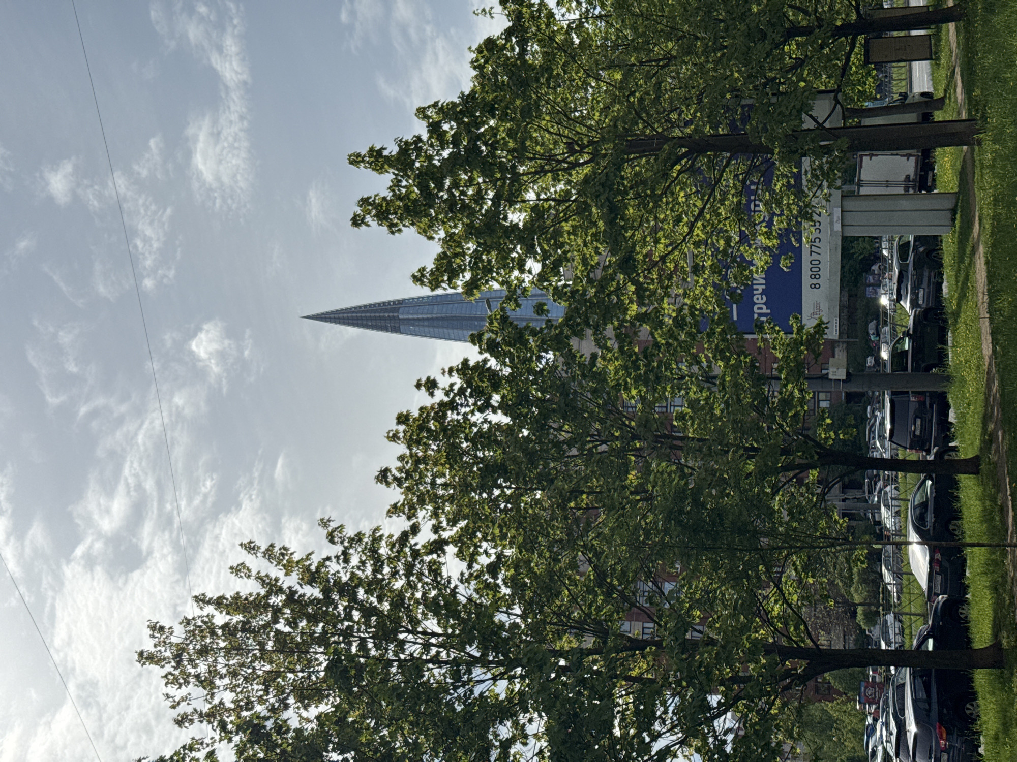 The image shows a view of the Lakhta Center skyscraper in Saint Petersburg, Russia, partially obscured by trees. The spire of the building rises prominently against a cloudy sky. In the foreground, there are several trees with green leaves, partially blocking the view of a parking lot with multiple vehicles. A building with a large billboard displaying the number 8 800 775 35 24 is visible behind the trees. A grassy area and sidewalk run alongside the parking area. Two power lines are visible in the sky.