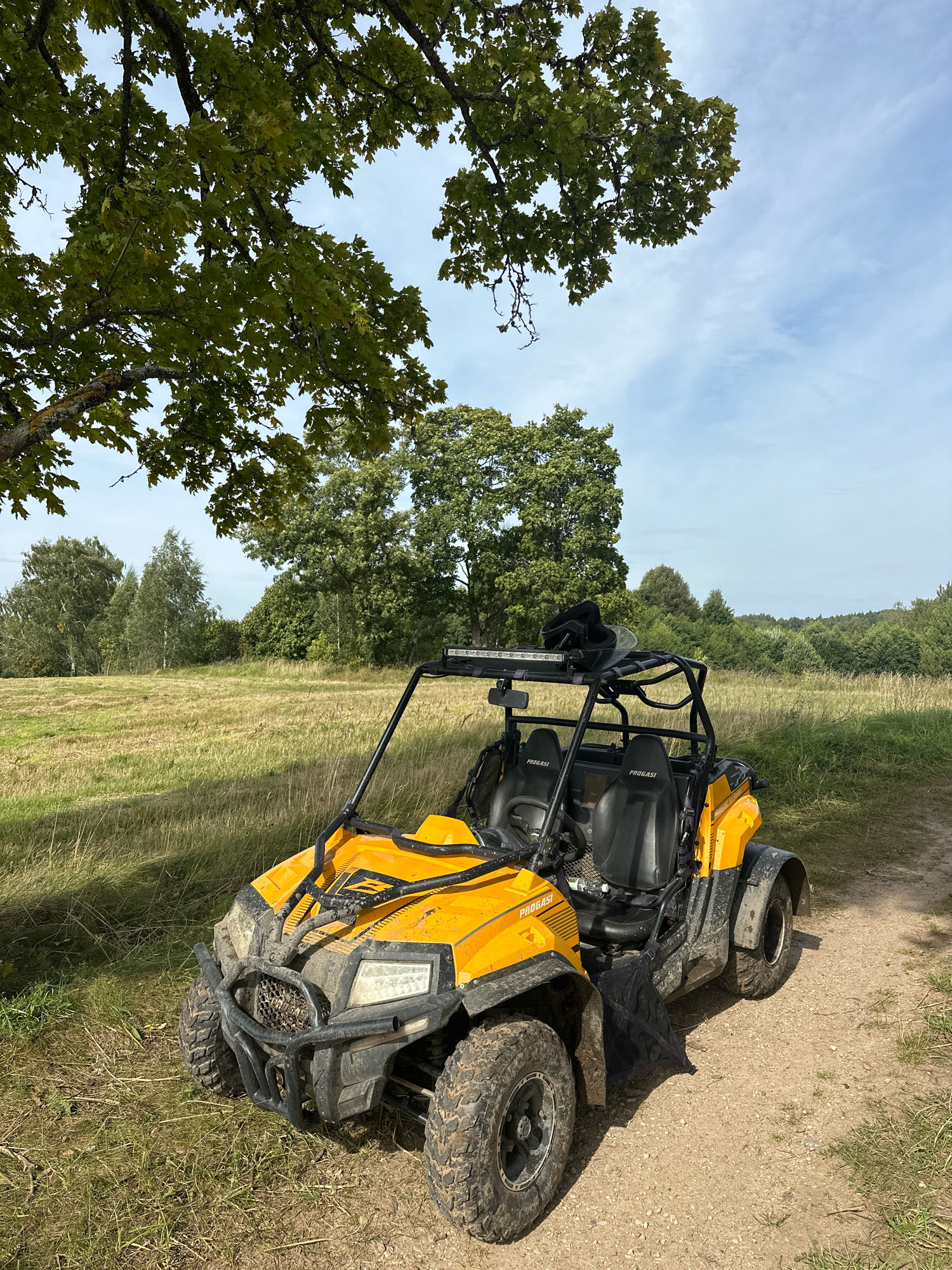 A yellow off-road vehicle is parked on a dirt path in a rural area. The vehicle has a roll cage, two seats, and large tires. It is covered in mud. The background consists of a field of dry grass, trees, and a cloudy sky. The scene appears to be in the city of Narach, Naratski sel'ski sovet, Belarus.