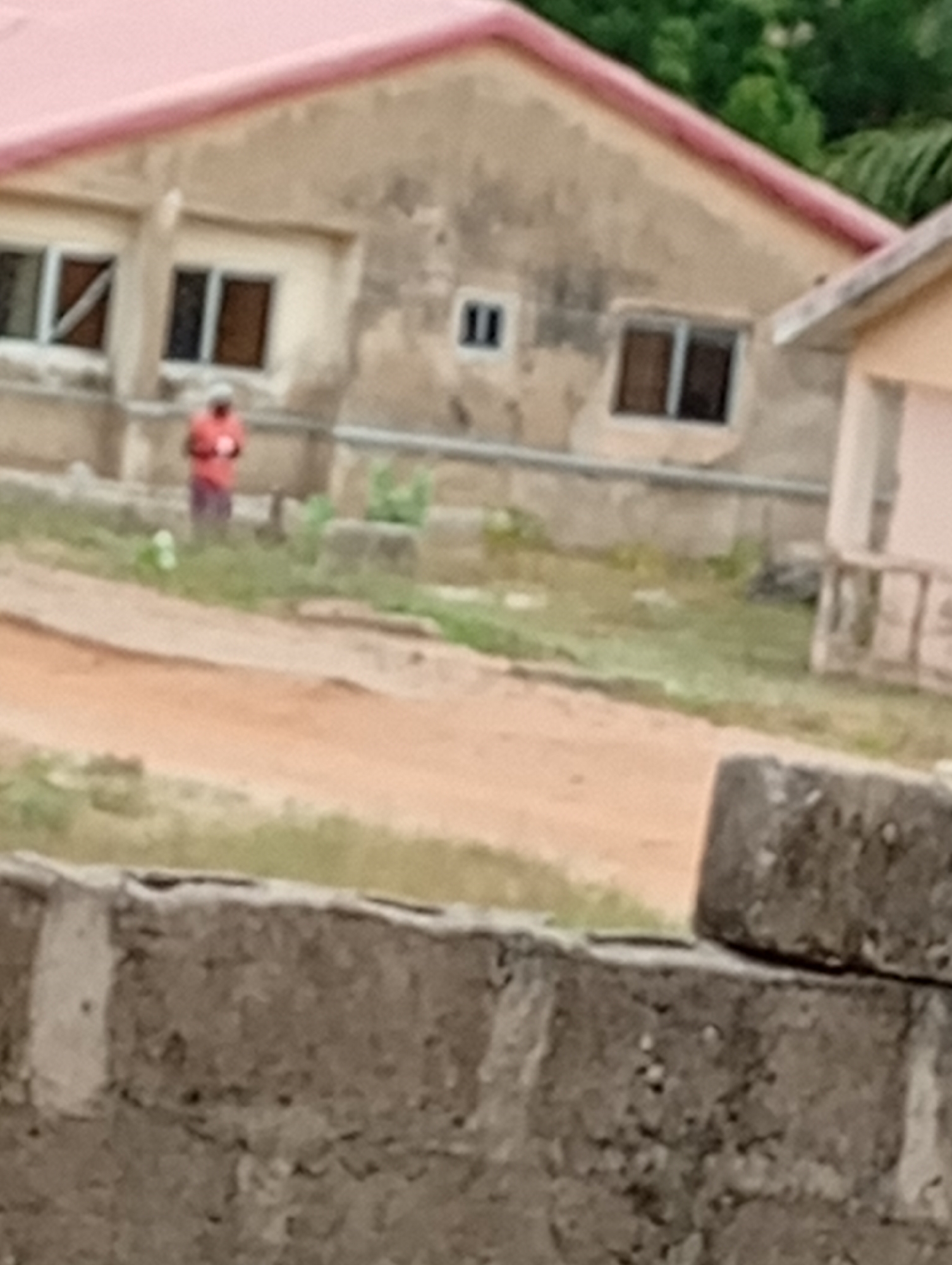 The scene depicts a blurry view of a building in an unknown location within the city of Unknown, Unknown. The building has a pinkish roof and several windows. A person wearing red clothing stands in front of the building. A low concrete wall is visible in the foreground. There's a dirt road and some vegetation between the wall and the building.