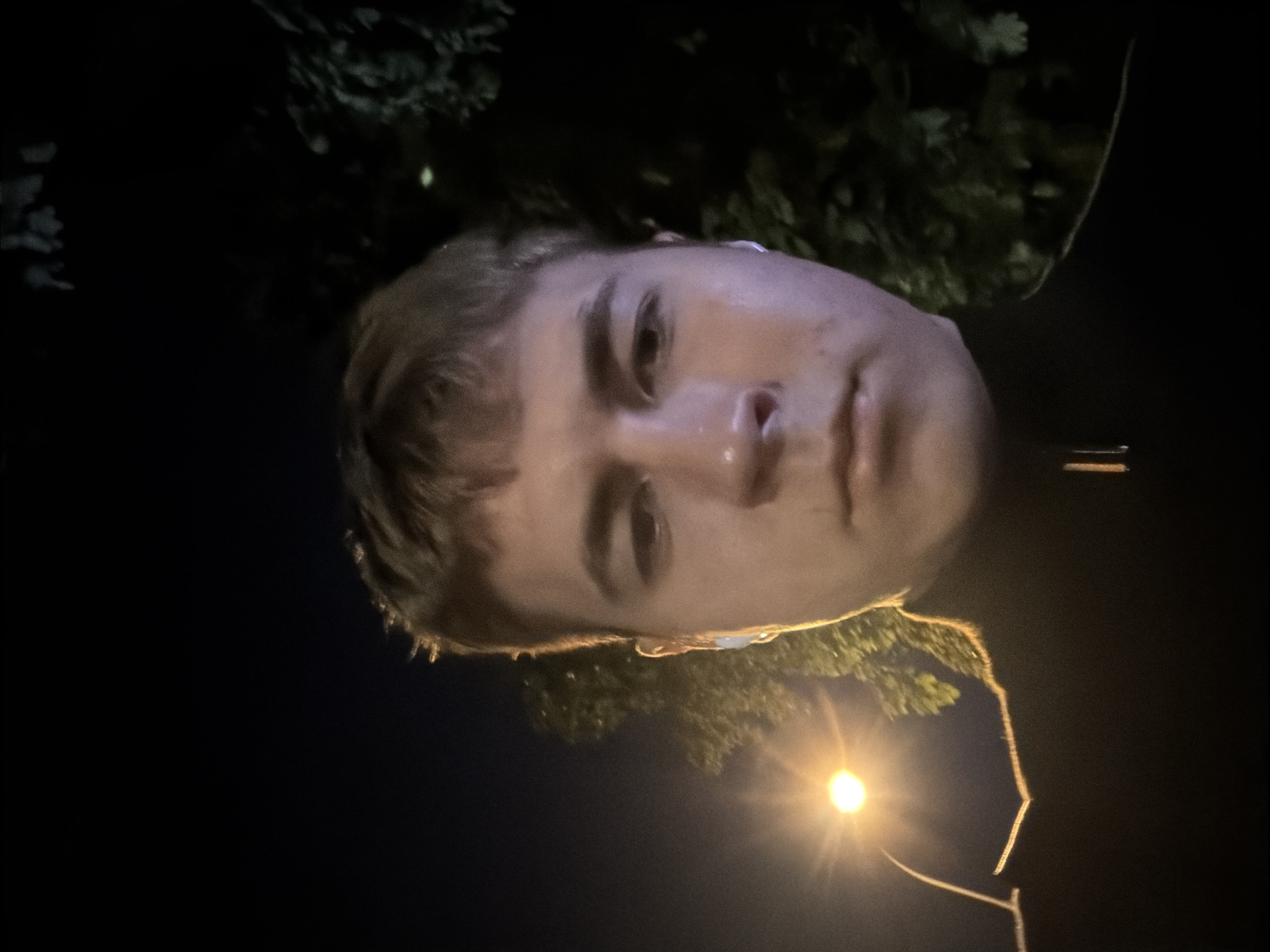 A medium-shot, eye-level, front-facing, selfie-style photo captured at night on a street in Khimki, Russia, features a young adult with light brown hair and light skin. They are wearing a black, high-necked garment, possibly a sweater or a jacket, with a zipper. The individual has a neutral expression and is wearing white wireless earbuds. To the left of the subject, a bright streetlamp casts a warm glow. In the background, dark foliage from trees is visible against the night sky. The lighting is dim, with the streetlamp being the primary light source, creating some glare on the subject's face and the shoulder of their garment.