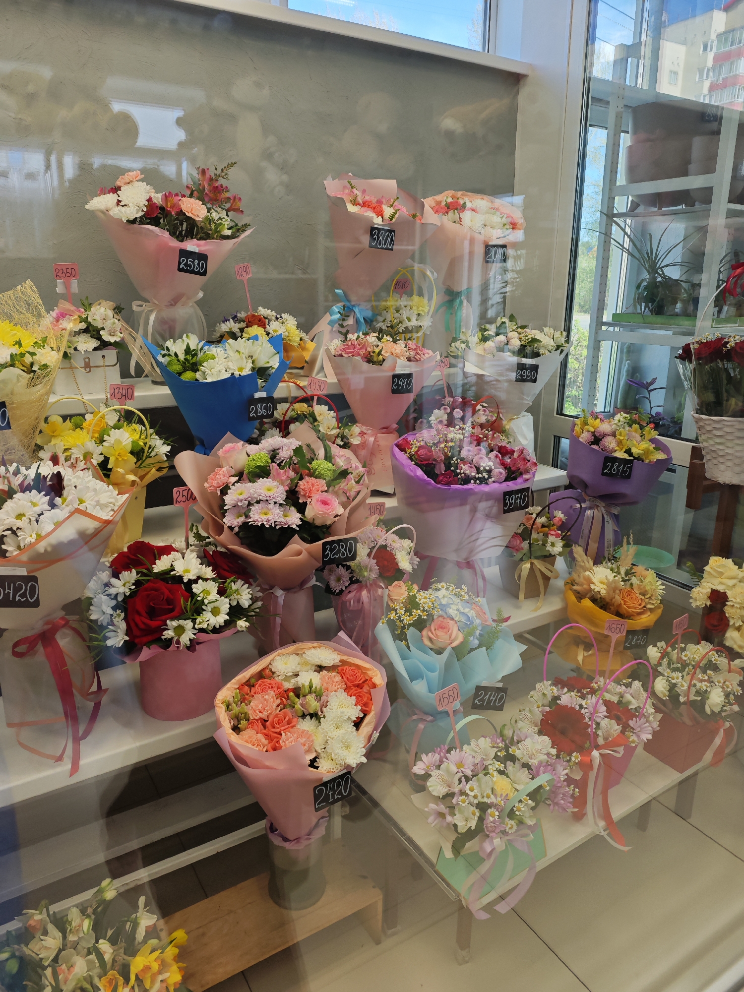 Here's a matter-of-fact description of the image:
The photograph depicts a flower shop window display. Several bouquets of flowers are arranged on shelves. The bouquets are of various types and colors, some wrapped in colored paper or placed in containers. Price tags are displayed next to each bouquet. The scene is likely in the city of Chaikovsky, Russia. The image has reflections from the glass. In the background, there's a view of buildings and greenery, further suggesting an urban setting.