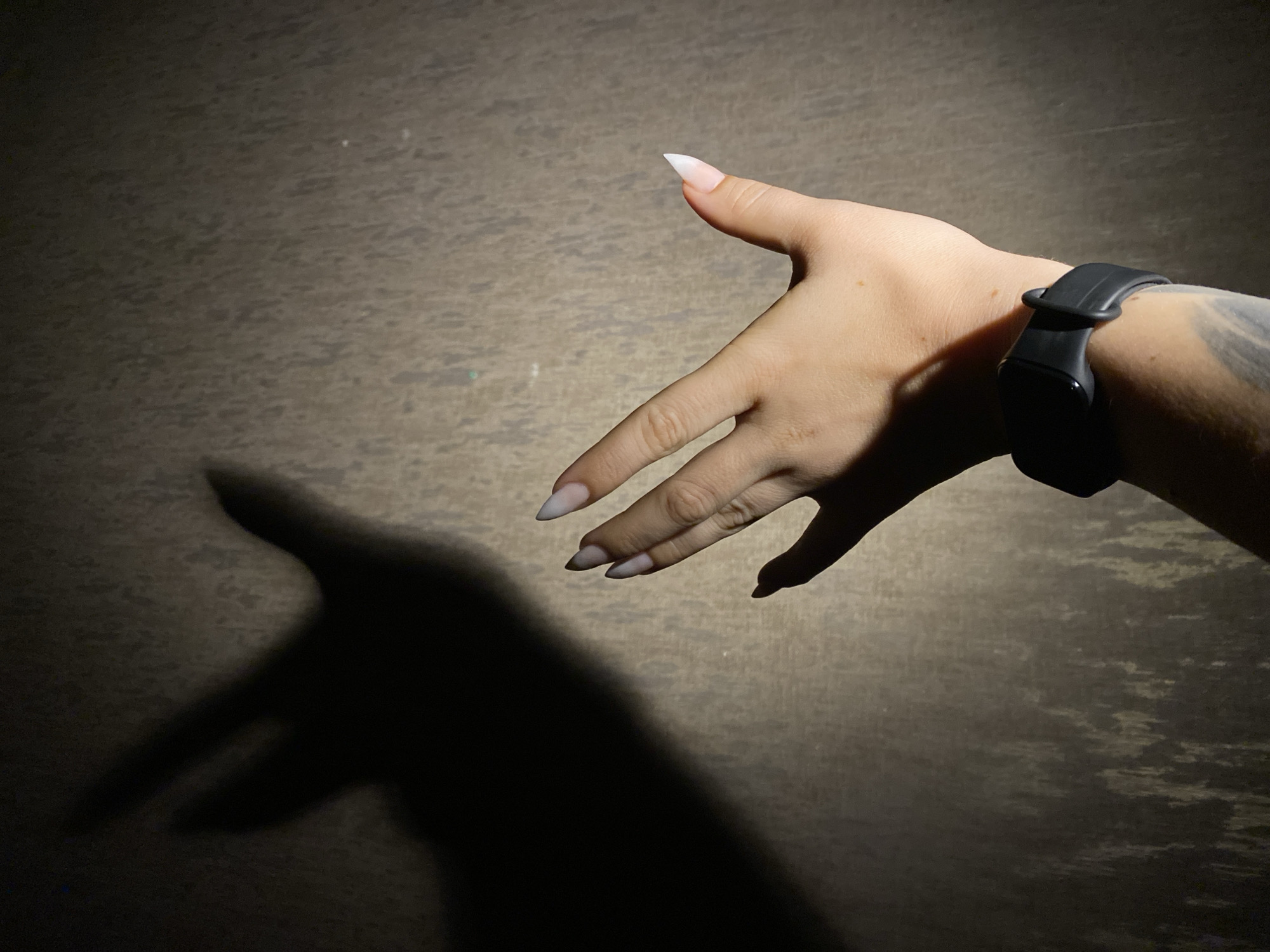A high-angle, studio-style shot depicts a hand and shadow against a textured background. The hand, belonging to a fair-skinned individual, features long, pointed nails with a light polish. A black smart watch is worn on the wrist. A tattoo is visible on the lower arm near the watch. The hand is extended in an open gesture, casting a distinct, dark shadow onto the background. The lighting is dramatic, emphasizing the shadow and creating contrast with the hand. The background is textured and has the appearance of concrete or a similar material. There are no other visible people, subjects, objects, actions, or interactions. The setting is not geographically identifiable. No location is identifiable.