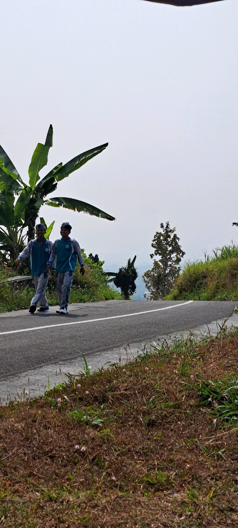 Two young men, appearing to be students, walk side-by-side along a paved road in Sekarjoho, Indonesia. They are dressed in matching uniforms consisting of a light blue and grey long-sleeved shirt with a circular emblem on the left chest and grey pants. Both wear blue caps. The man on the left wears black shoes, and the man on the right wears white athletic shoes. They are smiling and looking in the same direction as they walk. The road curves to the right, and a white line marks its center. To the left of the road are large banana tree leaves, lush green vegetation, and a stone wall. To the right of the road is a grassy embankment covered in dry grass and some small pink flowers, with scattered trees and vegetation in the background. The sky is overcast and a hazy, pale blue. The overall scene suggests a casual walk or commute in a rural or semi-rural setting.