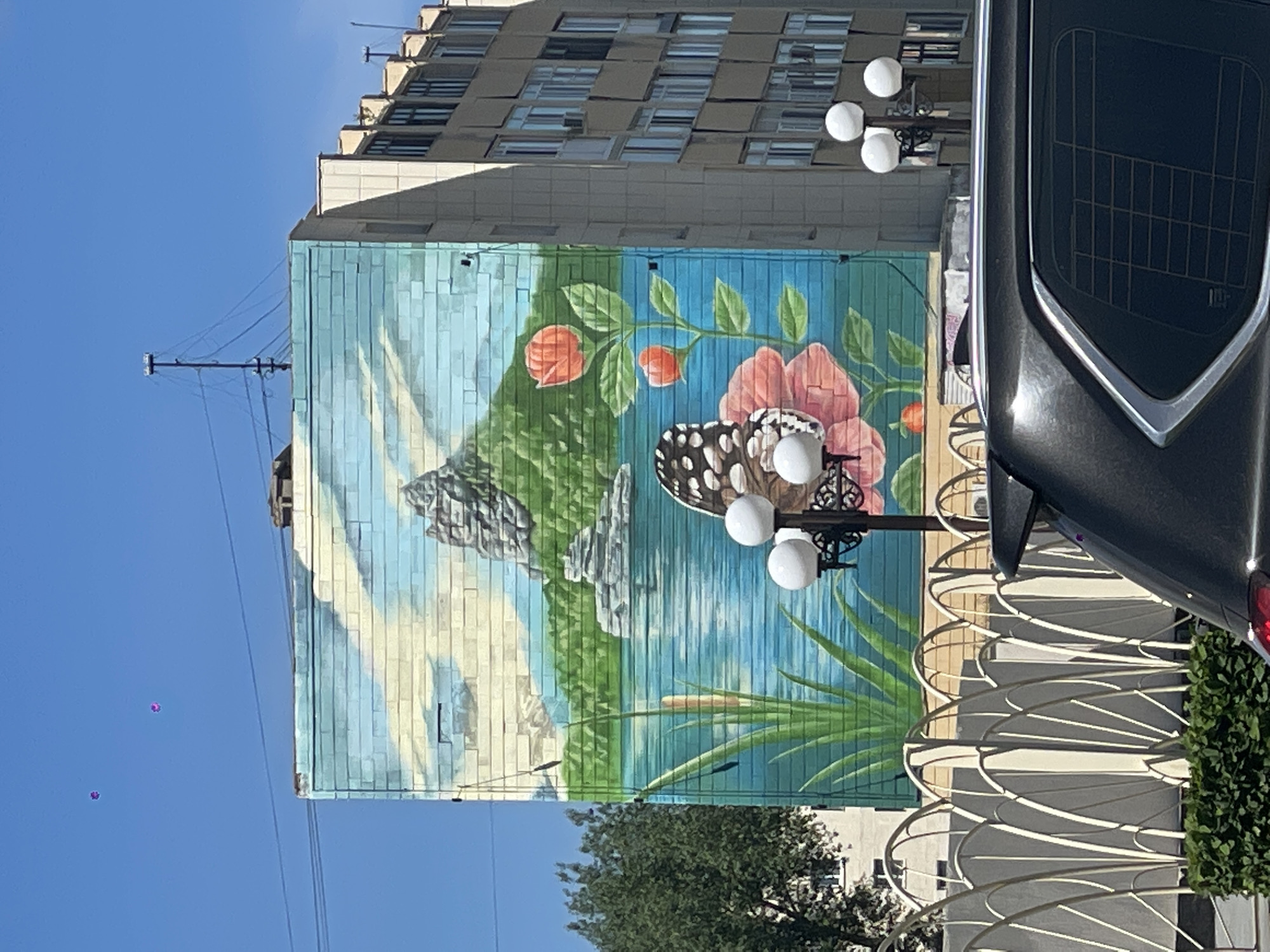 An outdoor mural is affixed to the side of a multi-story building. The mural depicts a landscape scene with mountains, a body of water, flowering plants, and a butterfly. A vintage-style lamppost with globe lights is positioned in front of the mural. Part of a black car is visible on the right side of the image. The sky is blue, and the sun appears bright. This mural is located in the city of Kokshetau, Kazakhstan.