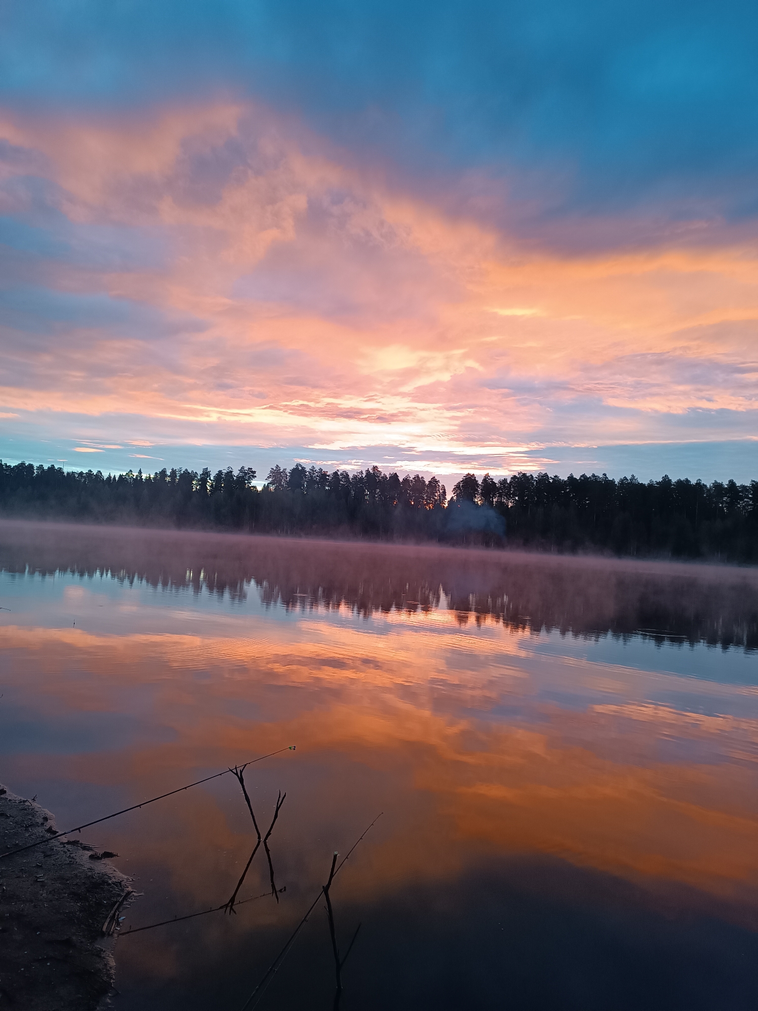 The image depicts a serene natural landscape at dawn or dusk, likely on a body of water near the village of Opary, Russia. The sky is a canvas of vibrant colors, with hues of blue, pink, and orange blending together, indicating either sunrise or sunset. Wispy clouds are scattered across the sky, reflecting the warm tones.
Dominating the middle ground is a dense line of evergreen trees that forms a dark silhouette against the colorful sky. In front of the treeline, a thin layer of mist or fog hovers just above the surface of the water, creating a soft, ethereal effect. The water itself is calm and reflective, mirroring the colors of the sky and the dark treeline. The reflections are slightly rippled, suggesting a gentle breeze.
In the foreground, the bank of the body of water is visible, composed of dark soil and debris. Three fishing rods are planted in the bank, their tips angling towards the water, suggesting that someone was or is fishing. The scene is quiet and still, conveying a sense of peace and solitude. No people are visible in the image.