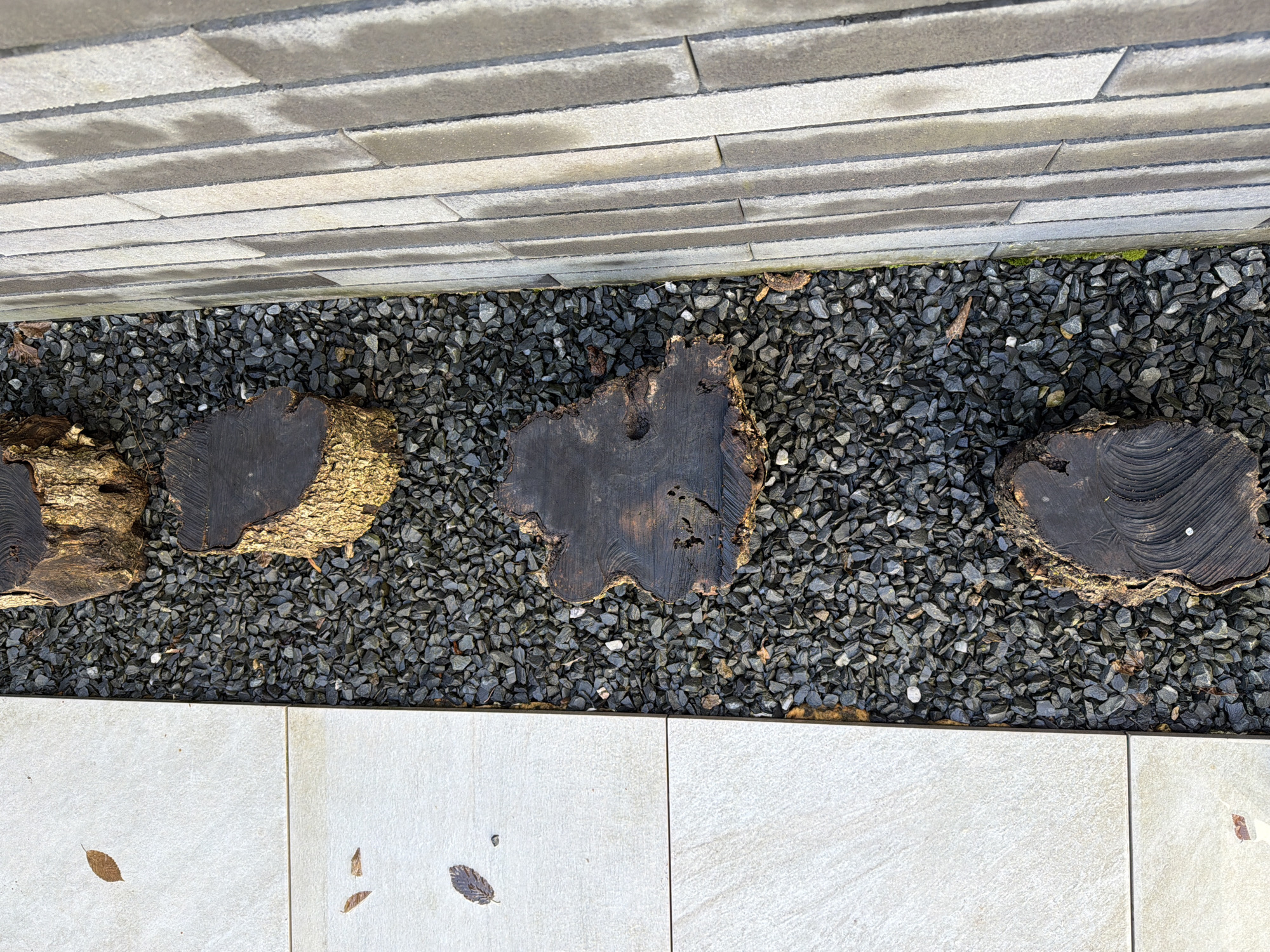 A high-angle shot depicts a garden scene in Junglinster, Luxembourg. The composition is framed by a grey brick wall at the top and light-colored stone pavers at the bottom. The central area is filled with dark grey gravel. Four roughly-cut tree trunk sections are partially embedded in the gravel, displaying dark, exposed wood surfaces with concentric growth rings. Several fallen leaves are scattered across the stone pavers. The scene is still and devoid of people or apparent activity.