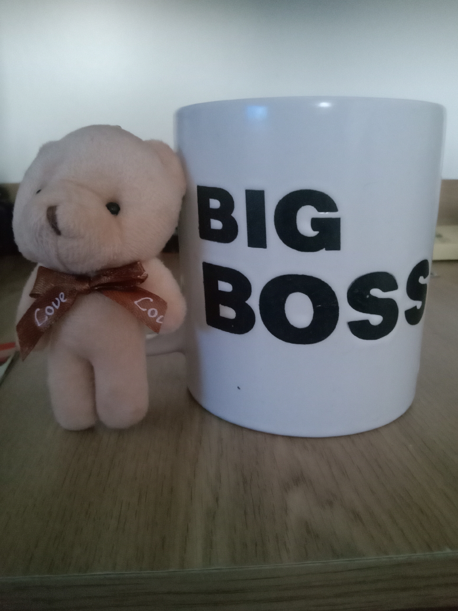 A small, light pink teddy bear stands to the left of a white mug. The teddy bear has a small brown ribbon tied around its neck, with the word "Love" written on it in white text. The mug is cylindrical and plain white, with the words "BIG BOSS" printed in large, bold black letters. The mug appears to be positioned to the right of the teddy bear. Both objects are placed on a wooden surface, likely a table. The background is a plain, light-colored wall. The lighting suggests it might be daytime indoors. There are no people visible in the image. The scene is simple and static, with no discernible activity or event taking place. The location context of Kielce, Poland is not visually apparent from the image itself.