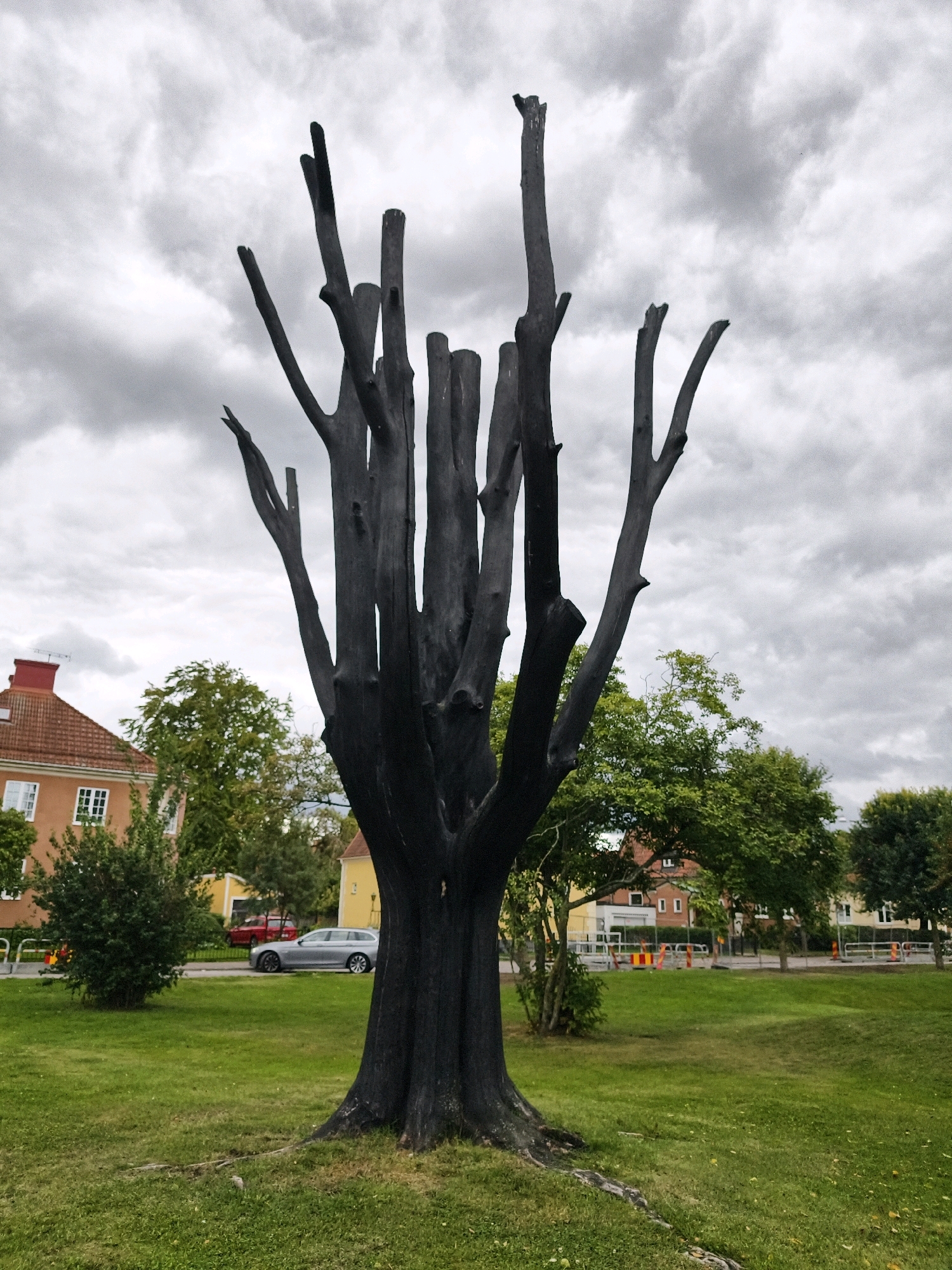 The image shows a stark, dark, petrified tree trunk with several broken branches extending upwards against a cloudy sky. The tree is in a grassy park area. In the background, there are buildings, trees, a road, and a silver car parked on the side. Orange and white construction barriers are visible along the roadside. This is likely located in a public area within the city of Norrköping, Sweden, given the architectural style of the buildings and the overall setting.