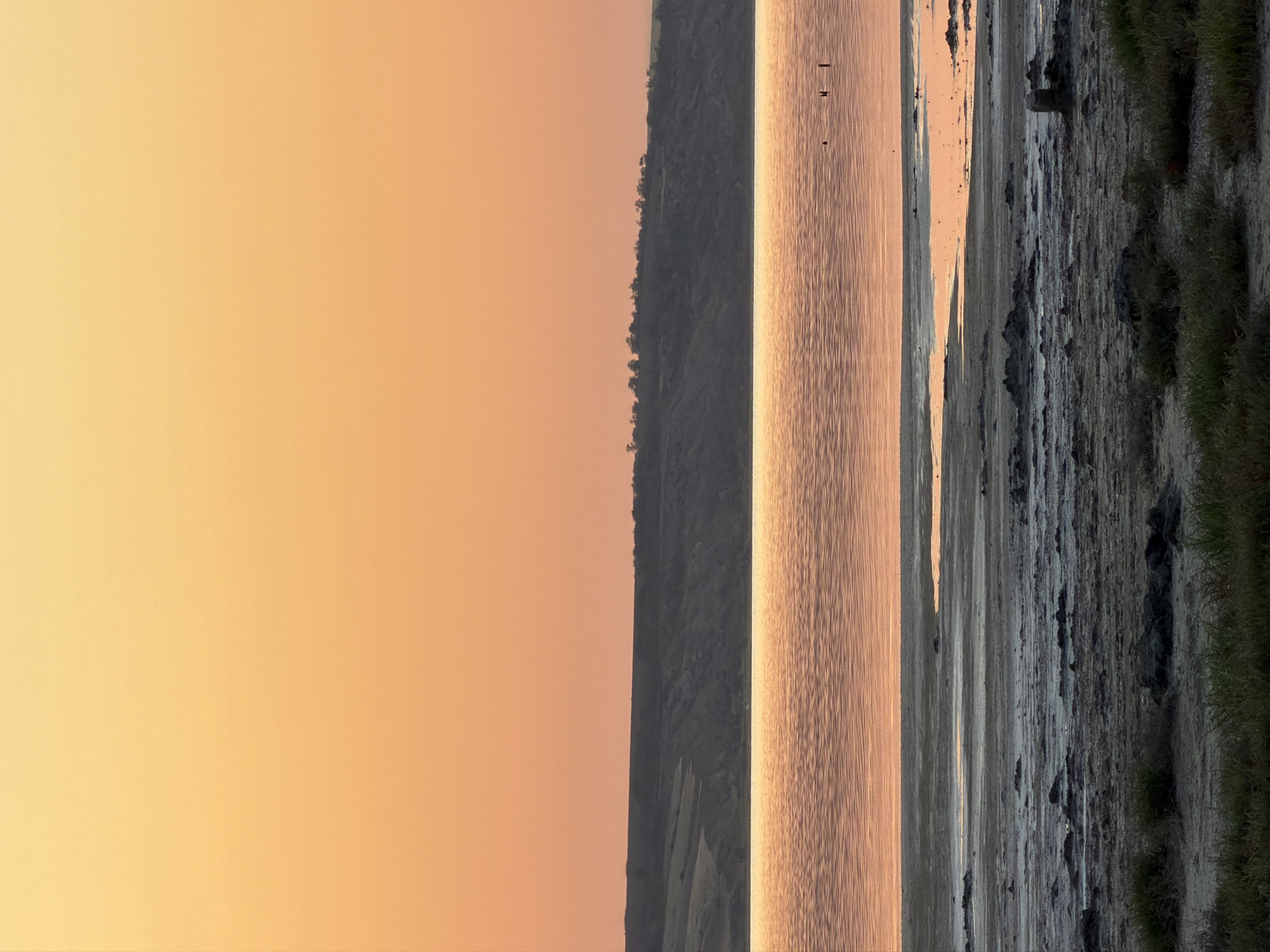The image depicts a tranquil sunset scene over a salt lake in Odesa, Ukraine. The sky is a gradient of soft orange and yellow hues, transitioning into a darker, muted tone above the horizon. A low, dark hill, sparsely dotted with trees, forms a distinct line across the middle ground. Below the hill, the surface of the salt lake reflects the warm colors of the sky, appearing as a rippling expanse of shimmering orange and pink. The foreground consists of a muddy, salt-encrusted shoreline with scattered rocks and sparse vegetation. The overall impression is one of serene, natural beauty at dusk.
