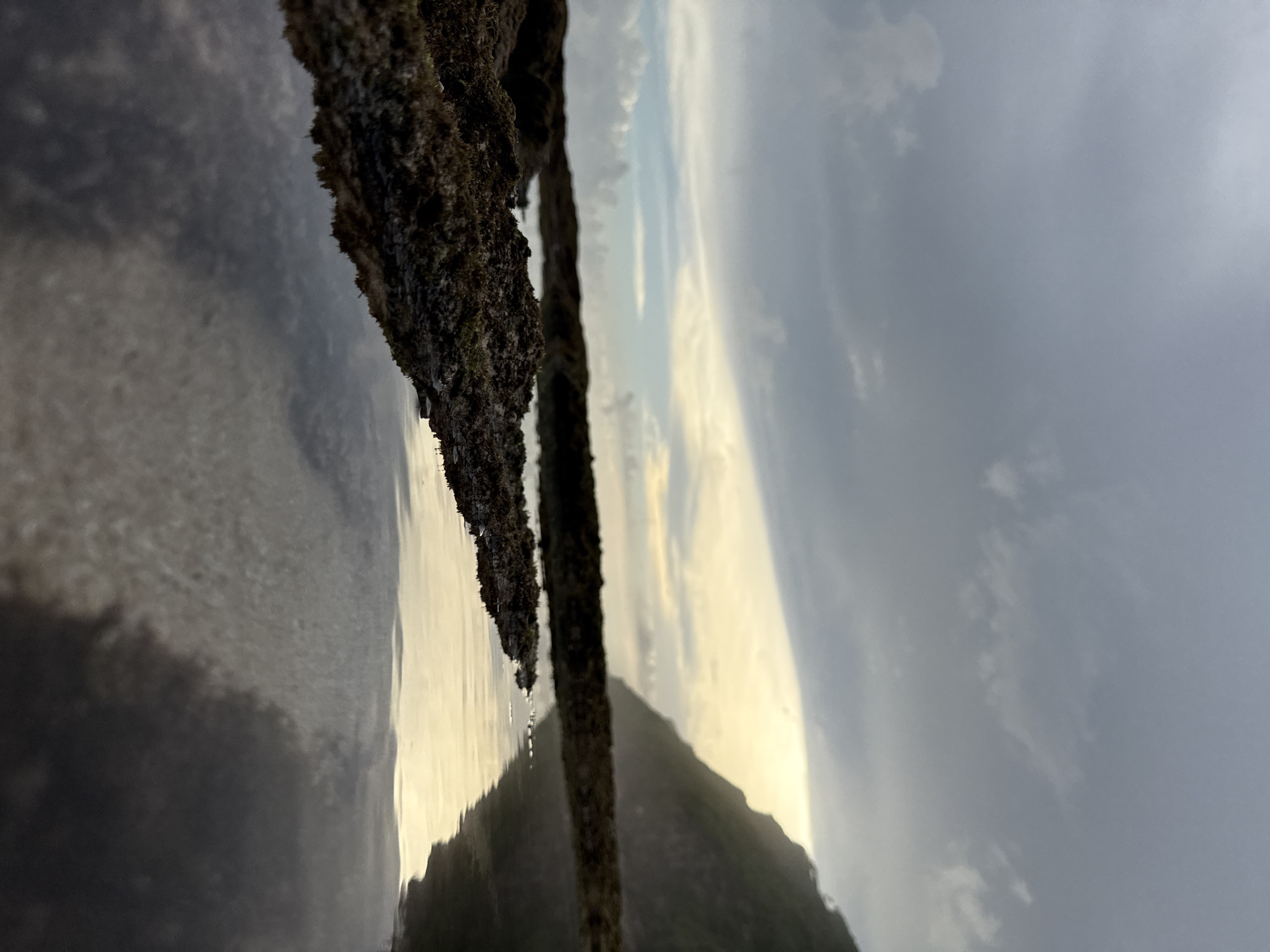 The image depicts a view of the sky and landscape reflected in water, likely taken near a rocky coastline.
Environment: The sky is overcast with shades of gray and white clouds, suggesting a cloudy day. A vertical dark structure covered in what appears to be vegetation or moss bisects the scene and runs diagonally.
Reflection: The lower portion of the image shows a reflection in calm water. The reflection mirrors the sky and also the dark structure.
Location: Given the context of Pecatu, Indonesia, it’s probable this is a coastal area with rock formations near the ocean.