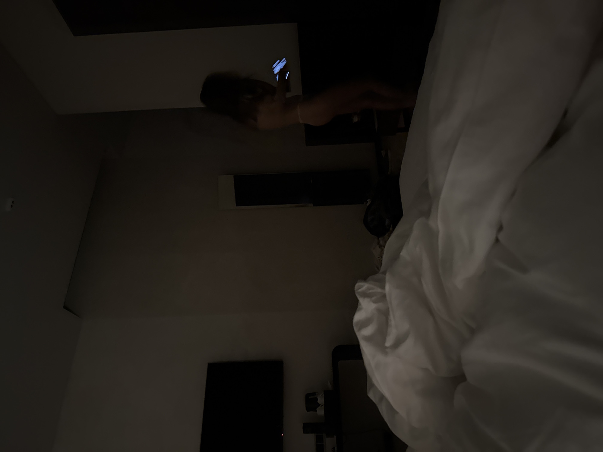 The image depicts an indoor scene with low illumination, likely a bedroom, in the city of Unknown, Unknown. In the foreground, white bed linens are visible, appearing rumpled. To the mid-left, a wall-mounted flat-screen television with a black screen and a small red indicator light is present. Below the television, a dark rectangular console table holds a black cylindrical object, possibly a speaker or kettle, and a white box of tissues. To the mid-right, a female subject stands facing partially towards the left, her body illuminated by the blue-white light emitted from a smartphone she holds in front of her. She appears to be wearing light-colored undergarments, specifically briefs are discernible. Her hair is long and dark. The walls are a light, neutral color. In the background, against the right wall, a tall, narrow, dark rectangular object, possibly a mirror or piece of furniture, is visible. The ceiling is light-colored. No other individuals are present.