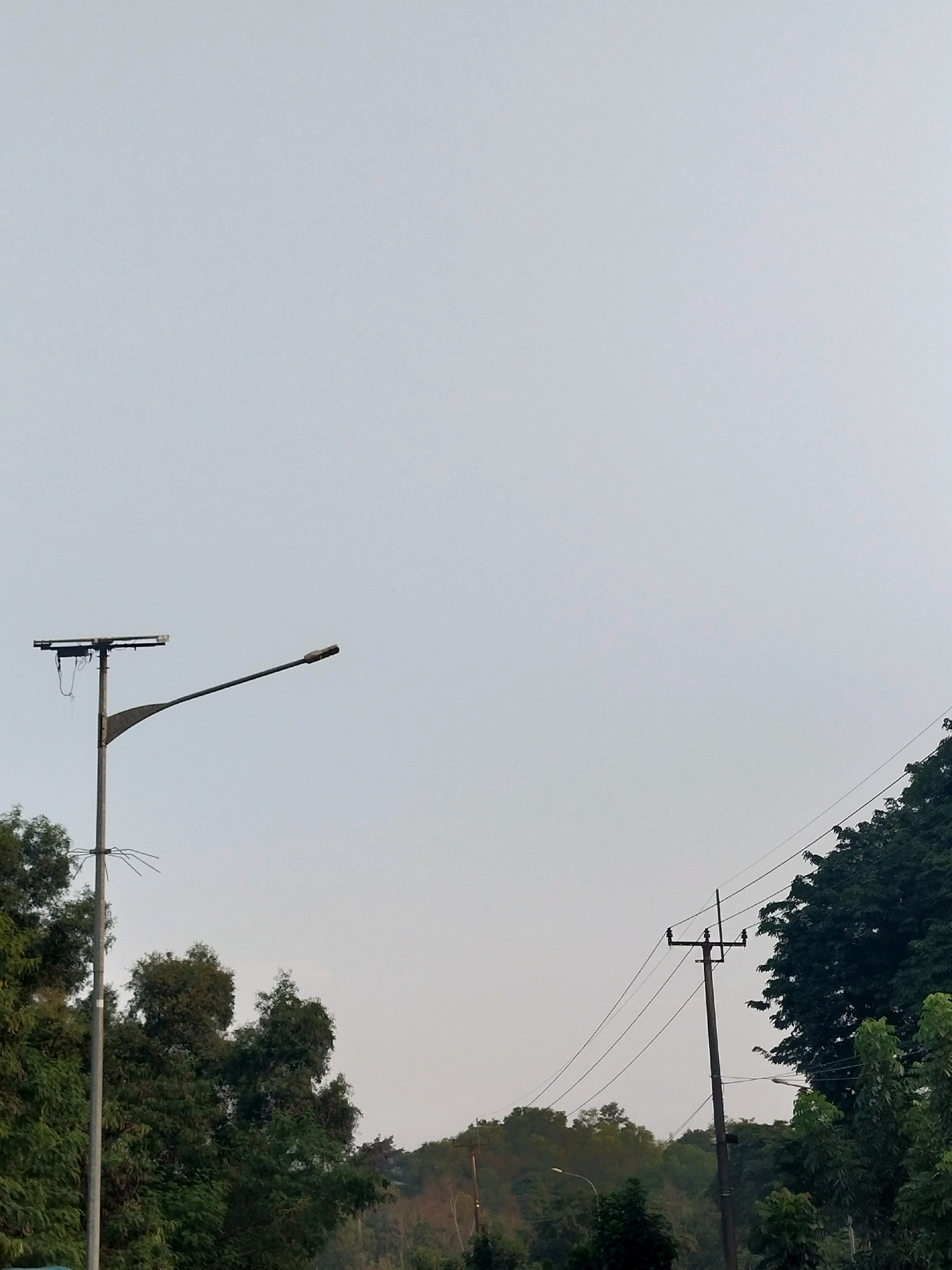 This is a daytime, eye-level, outdoor photograph taken from a low angle looking up at a pale sky. In the foreground left, a tall, grey street light with a solar panel on top extends outwards and to the right. Its pole is textured and appears to be made of concrete. In the mid-ground right, a dark brown electrical pole stands with three wires extending from insulators. Dense, dark green foliage from trees is visible behind and to the right of the electrical pole, and also to the left of the street light. A light-colored slope is visible in the distance, partially obscured by trees. The overall atmosphere is overcast or hazy. The scene appears to be on the outskirts of Batam City, Indonesia, possibly along a road with surrounding greenery and infrastructure. There are no people or animals visible in the image.