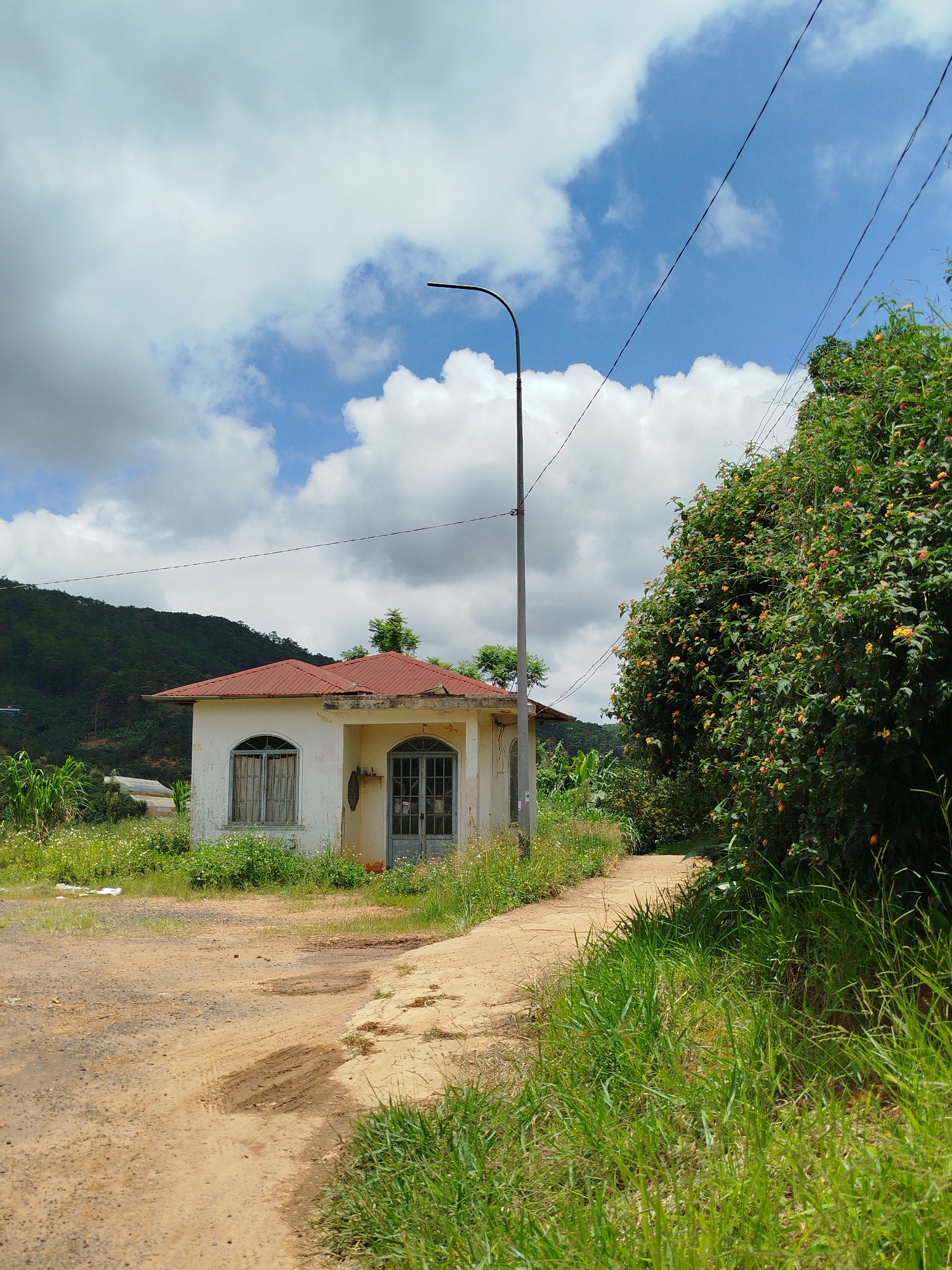 The image depicts a small, weathered, white building with a red tiled roof, situated in a rural setting in Xuân Sơn, Vietnam. The building has arched windows with a greenish-blue trim and a double-door entrance with similar trim. A single, dark grey lamppost stands beside the building. A dirt road curves away from the foreground, leading past the building and disappearing around a dense, green bush laden with small, colorful flowers. The surrounding vegetation is lush and overgrown, with tall grasses and wild flowers. In the background, a dark green, forested hill rises under a partly cloudy sky with bright blue patches. Power lines are visible against the sky. The ground appears damp in places, with tire tracks visible on the dirt road.