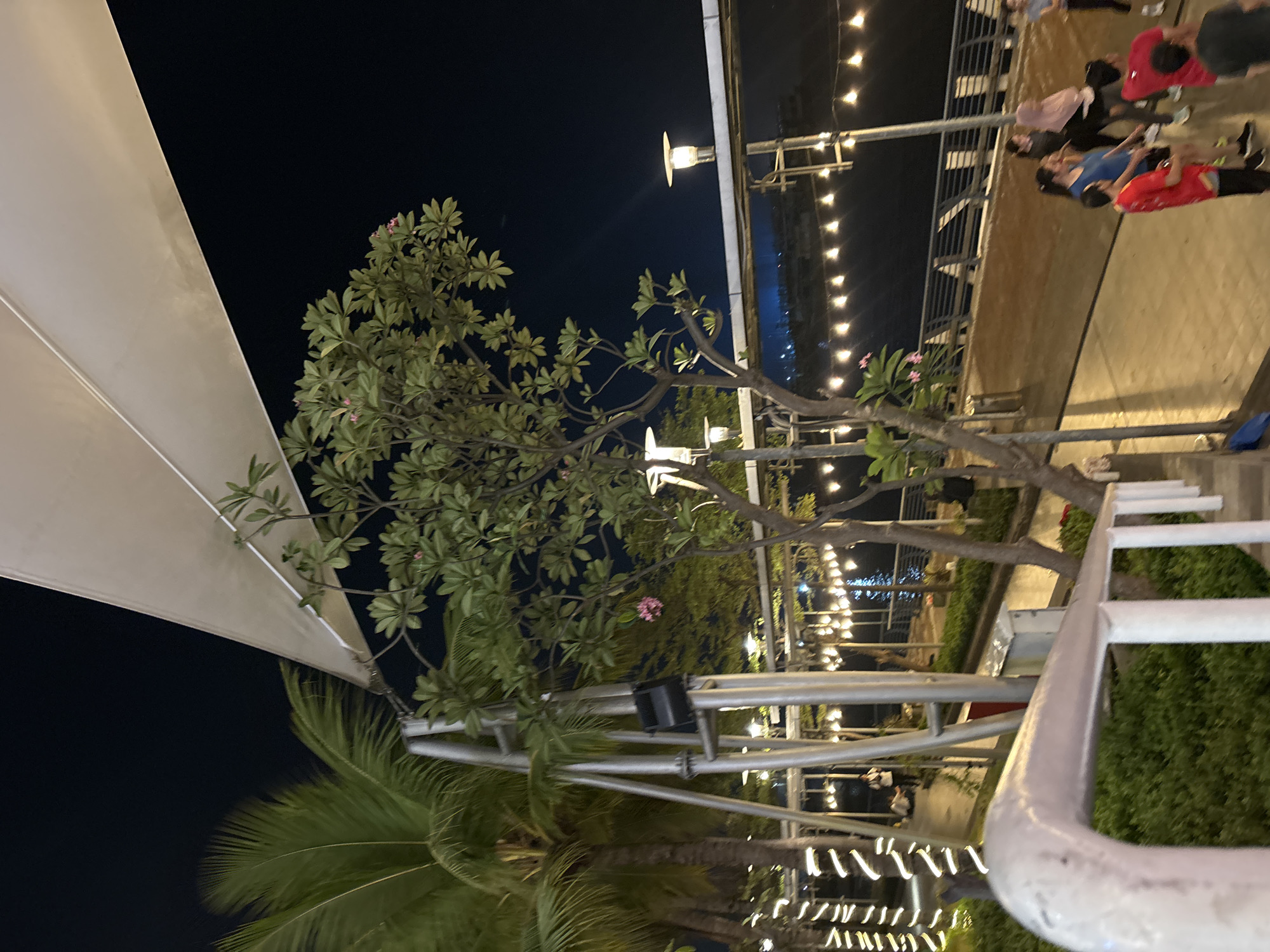 In the city of North Jakarta, Indonesia, at night, an outdoor waterfront promenade is depicted. A large, white, tensioned fabric canopy stretches across the upper portion of the frame, angled downwards from left to right. To the left, the fronds of a palm tree are visible against the dark sky. A metal support structure, possibly for the canopy, is positioned in the mid-left. Trees with green leaves and small pink flowers are also present. Along the promenade, strings of small, illuminated lights are strung, creating a festive atmosphere. Several people are gathered on the promenade, some appearing to be engaged in a group activity. One individual in a red shirt is standing, facing away from the camera. Another person in a blue shirt is visible next to them. Further down the promenade, a woman in a pink headscarf is standing with others. The promenade overlooks a body of water, with a cityscape visible in the distant background. The lighting suggests it is evening or night, with artificial lights illuminating the scene.