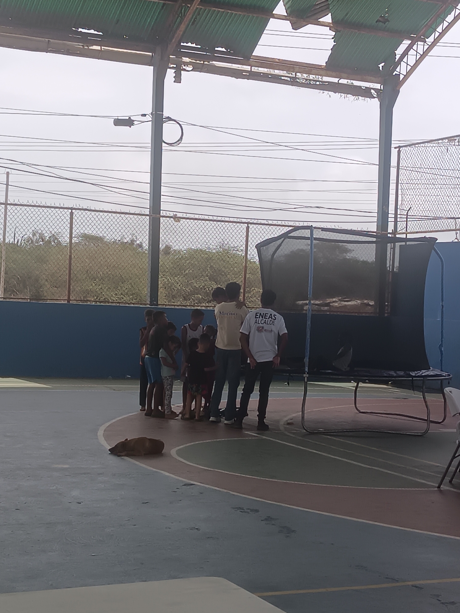 This image captures a semi-covered outdoor court in El Piache, Venezuela, under a bright, possibly overcast, sky.
The scene features a dilapidated green corrugated metal roof structure, significantly damaged with multiple large holes and tears, exposing the sky above. Supporting metal beams are visible beneath the damaged roofing. Across the upper mid-ground, multiple black utility lines are strung horizontally, with a cylindrical component and a coiled cable attached near a vertical support pole. A chain-link fence separates the court area from a background of sparse, dry vegetation and distant trees. A low blue wall forms the rear perimeter of the court.
The court surface is multi-colored, with segments of blue, red, green, and white delineated by white lines, indicative of a sports or recreational area.
On the left side of the court, a group of approximately 6-8 children and young individuals are gathered, standing casually. To their right, two adult males are visible. One male wears a light-colored shirt with "Marine" text visible and dark pants. The other male, facing away from the viewer, wears a white t-shirt with "ENEAS ALCALDE" and a logo printed on the back, also in dark pants. Their collective presence suggests an ongoing or pending activity.
In the lower-center foreground, a brown, medium-sized dog is lying down on the court surface, appearing to be resting or sleeping. On the right side of the court, a large black trampoline with a safety net enclosure is set up. Parts of a metal table and a white plastic chair are visible on the far right, near the trampoline.