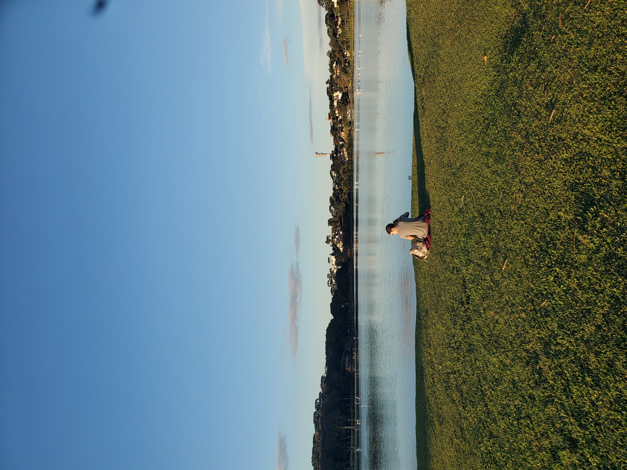 The image depicts a serene lakeside scene at sunset in Curitiba, Brazil, likely at Parque Barigui given its characteristic landscape. The sky is a clear, pale blue, transitioning to warmer hues near the horizon where a scattering of wispy clouds are visible. A lone individual, seen from behind, is seated on the lush green grass at the water's edge. They are wearing a grey t-shirt and have a backpack beside them, resting on a red mat. The lake's surface reflects the soft light of the setting sun, creating a calm and tranquil atmosphere. Across the water, a dense line of trees forms the background, with a town or city skyline visible beyond, characterized by houses and a distinctive tower. Several white birds, likely egrets or similar waterfowl, are scattered on the water, adding to the idyllic ambiance of the park. The foreground is dominated by the neatly manicured, sun-dappled grass, indicating a well-maintained public space.