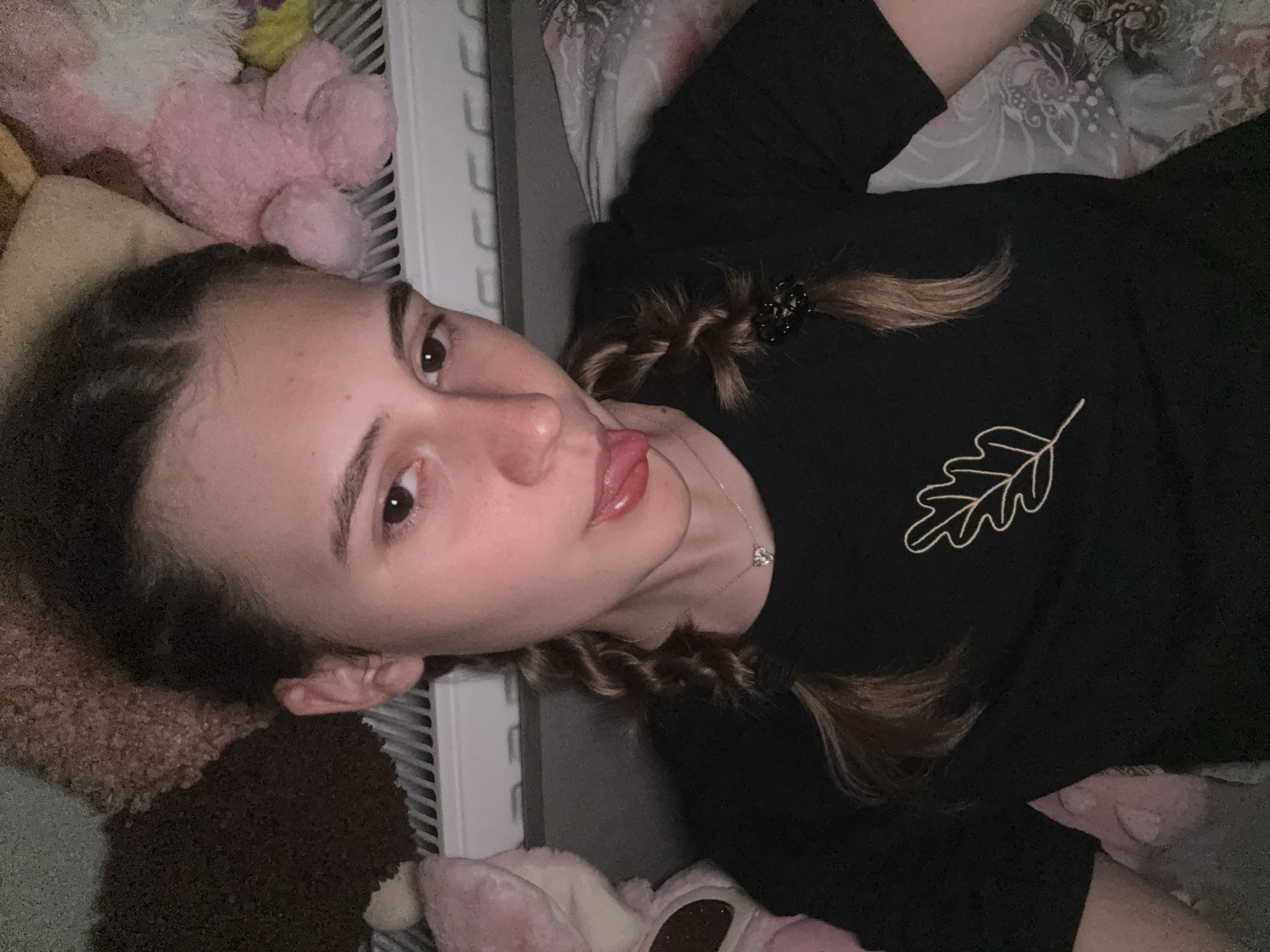 A young person, likely female, is lying down and looking towards the camera, with the image oriented vertically. She has light brown hair styled in two braids, one of which is visible over her right shoulder, secured with a black hair tie. She is wearing a black long-sleeved top featuring a white outline of an oak leaf design on the left chest area. A delicate silver chain necklace with a small, sparkly pendant (possibly a heart) is visible around her neck. Her expression is relaxed, with her tongue playfully extended slightly.
The setting appears to be indoors, likely a bedroom or a cozy lounge area. She is surrounded by several plush toys of various colors, including pink, brown, and cream, suggesting a comfortable and personal space. Parts of a white slatted object, possibly a bed frame or radiator, are visible behind her. The background also includes textured fabrics and patterned bedding. The lighting is soft and even, suggesting an indoor environment without direct harsh sunlight. There is no visible text in the image. The scene takes place in Panagyurishte, Bulgaria.