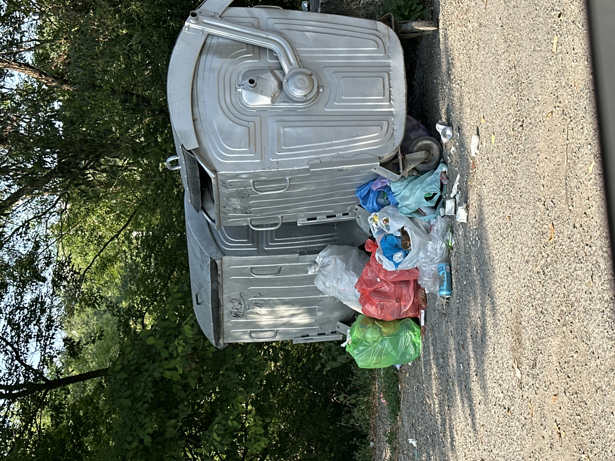 The image depicts a scene in Makiv, Ukraine, featuring two large, silver, commercial-style dumpsters overflowing with trash. A significant amount of garbage, including plastic bags in various colors (green, red, blue, and white), loose refuse, and a white bin, is piled around the base of the dumpsters. The dumpsters themselves are metallic, with visible graffiti on the left one. The ground is covered in gravel and scattered debris. Behind the dumpsters, dense green foliage suggests a wooded or overgrown area. The lighting indicates it is daytime, with shadows cast on the ground. There are no people or animals visible in the frame.