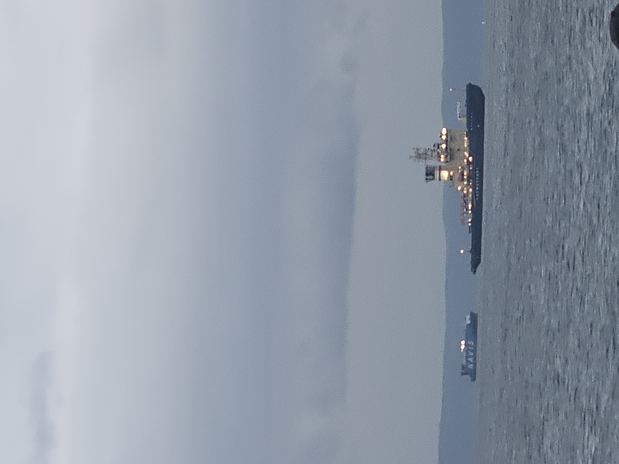 The image shows two ships on a body of water, likely during twilight or overcast conditions. The ship on the left is blue with the word "NAVIS" written in white on its side, and its lights are on. The ship on the right is larger and appears to be a tugboat or icebreaker, with numerous lights illuminated along its superstructure. It has a complex tower-like structure at the rear. Both vessels are positioned on choppy water, with a hazy, mountainous landmass visible in the background. The sky is a uniform grey, suggesting a cloudy or foggy atmosphere. The scene appears to be a marine environment, possibly a harbor or bay. Without further context, it is impossible to definitively confirm the location as Vladivostok, Russia, but the presence of large vessels and a potentially rugged coastline could be consistent with this location.