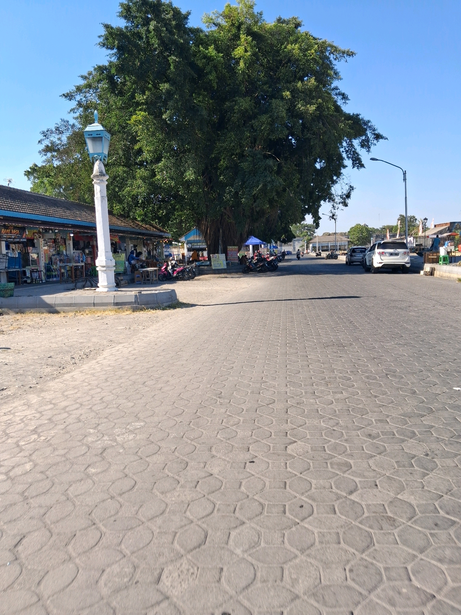 A wide, paved road in Surakarta, Indonesia, features a large banyan tree on the left side, casting a shadow on the patterned pavement. Several shops with blue awnings line the left side of the road, with motorcycles parked in front. A light post stands on the left side of the road. The road is mostly empty, with a few cars and motorcycles visible in the distance. The sky is clear and blue.