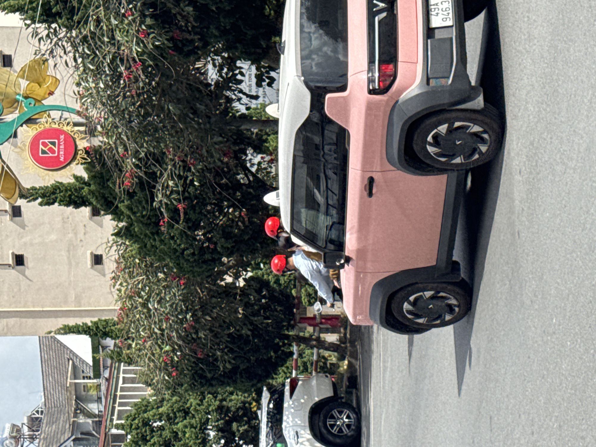 In Da Lat, Vietnam, a pink electric car is parked on the street, its rear facing the camera. The car features a distinctive design with sharp lines and prominent black wheel arches. A license plate reading "49A 946.3" is visible on the rear. To the left of the pink car, a white SUV is parked. In the foreground, a motorcycle with two riders wearing red helmets is passing by, their backs to the camera. The street is paved and shows signs of wear. In the background, buildings, trees, and foliage line the street, with a prominent AGRIBANK sign visible above the trees. The sky is overcast, suggesting a cloudy day.
