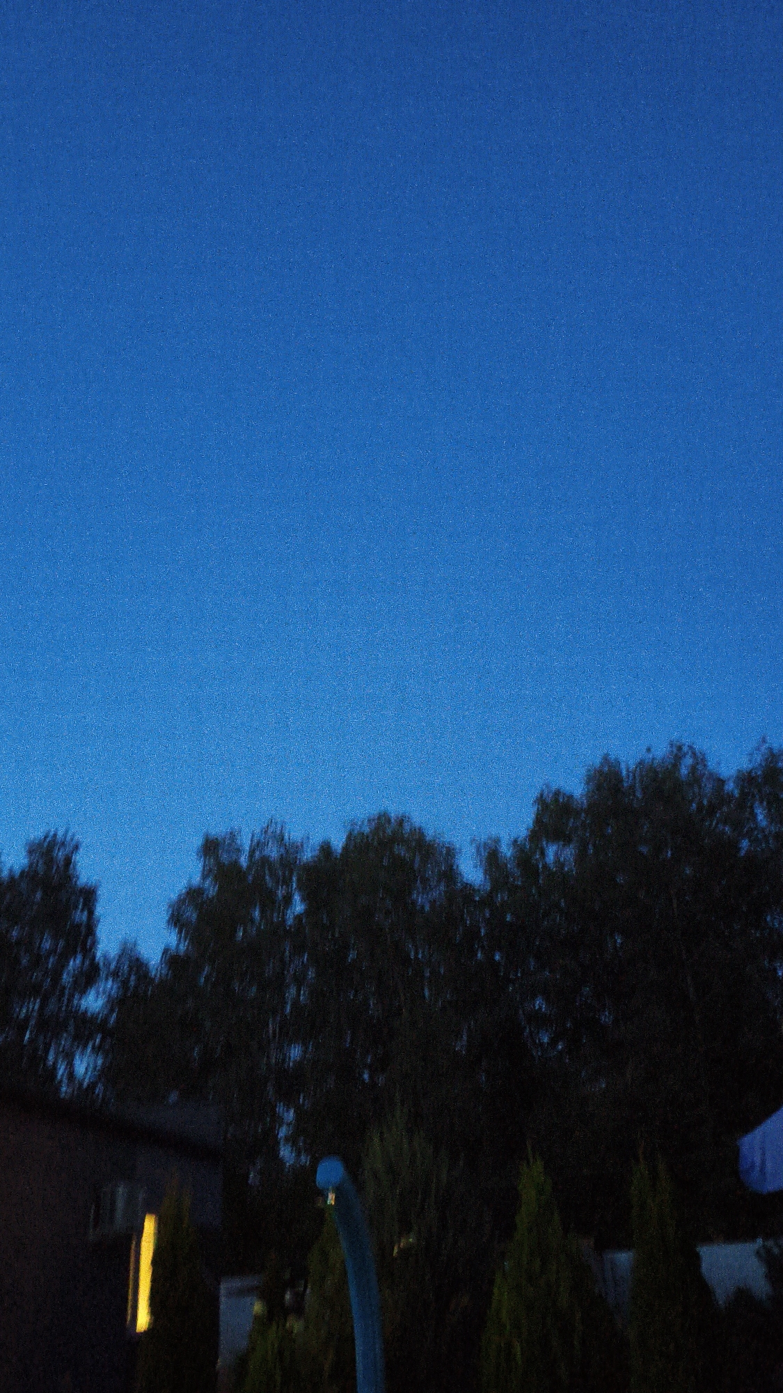The image depicts an outdoor scene at dusk or night in Bezliudivka, Ukraine. The sky is a deep, clear blue. A line of dark trees forms a silhouette across the middle ground. In the foreground, to the left, is the corner of a dark-colored building with a bright yellow rectangular light emanating from a window. Several dark green, cone-shaped trees are visible in front of the building. To the right, a curved blue object, possibly a garden hose or a playground feature, extends upwards. The overall impression is a quiet, residential setting under a twilight sky.