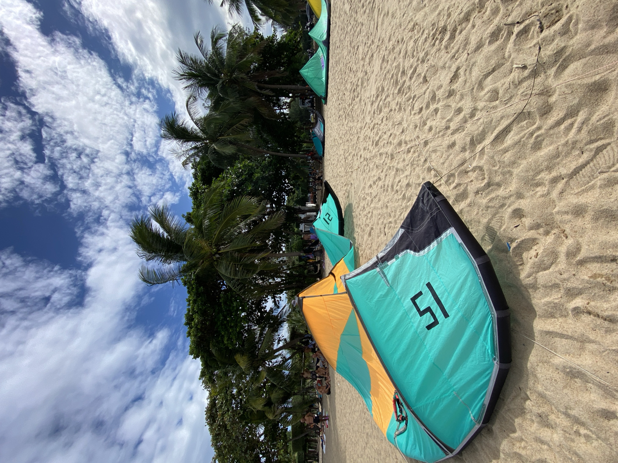 The image depicts a beach scene with several kites laid out on the sand, suggesting a location suitable for watersports, likely kiteboarding or kitesurfing. The kites are vibrant, with prominent colors like orange, teal, and green, some bearing numerical markings such as "15" and "12." In the background, lush green trees and palm trees line the edge of the beach, indicating a tropical or subtropical climate. A clear blue sky with scattered white clouds forms the upper portion of the image. Several people are visible in the background, some seated or lying on the sand, while others appear to be standing or walking. Their presence suggests a recreational area or a gathering. The sandy texture of the beach is detailed, with footprints and ripples indicating a recently active environment. The overall impression is one of a sunny day on a popular beach, likely in Nha Trang, Vietnam, known for its coastal beauty and suitability for beach activities.