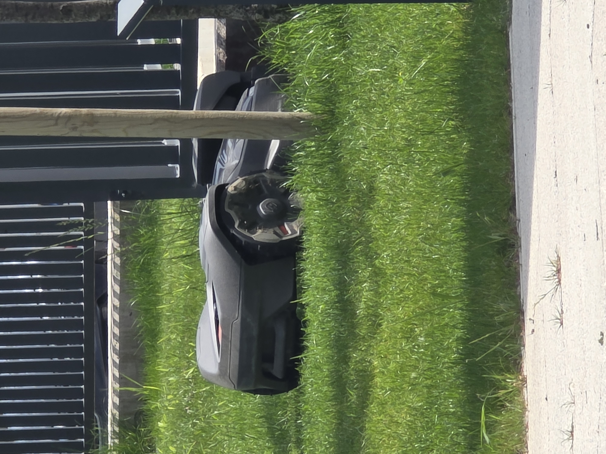 A robot lawnmower is operating on a patch of green grass, bordered on one side by a concrete sidewalk and on the other by a dark gray metal fence with a light-colored wooden beam. The location is assumed to be Plovdiv, Bulgaria.