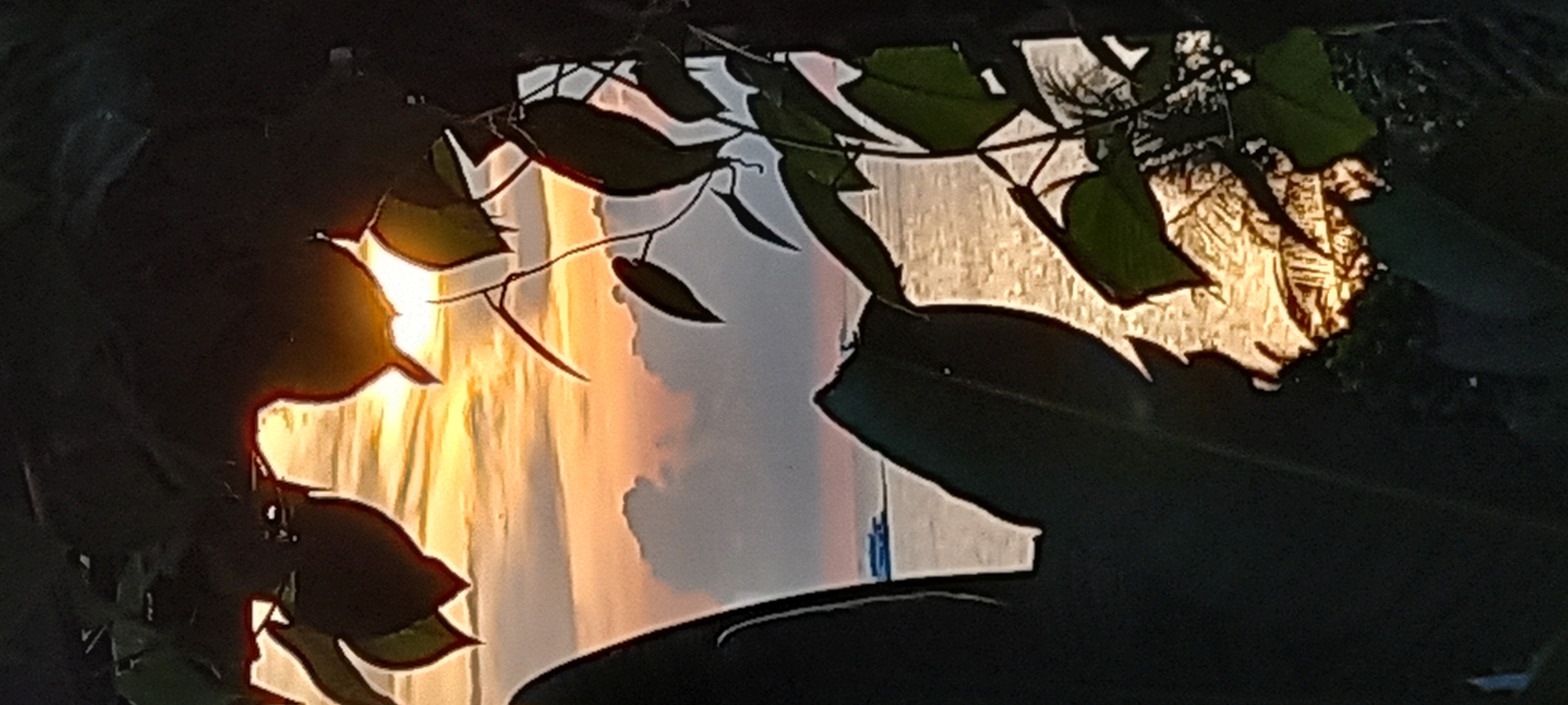 The image shows a distorted reflection of a sunset and clouds in a container holding water. Foliage, including leaves and branches, surrounds the reflected image, partly obscuring the view. The location is Baan Wok Tum, Thailand. A glimpse of a building appears in the reflected scene.
