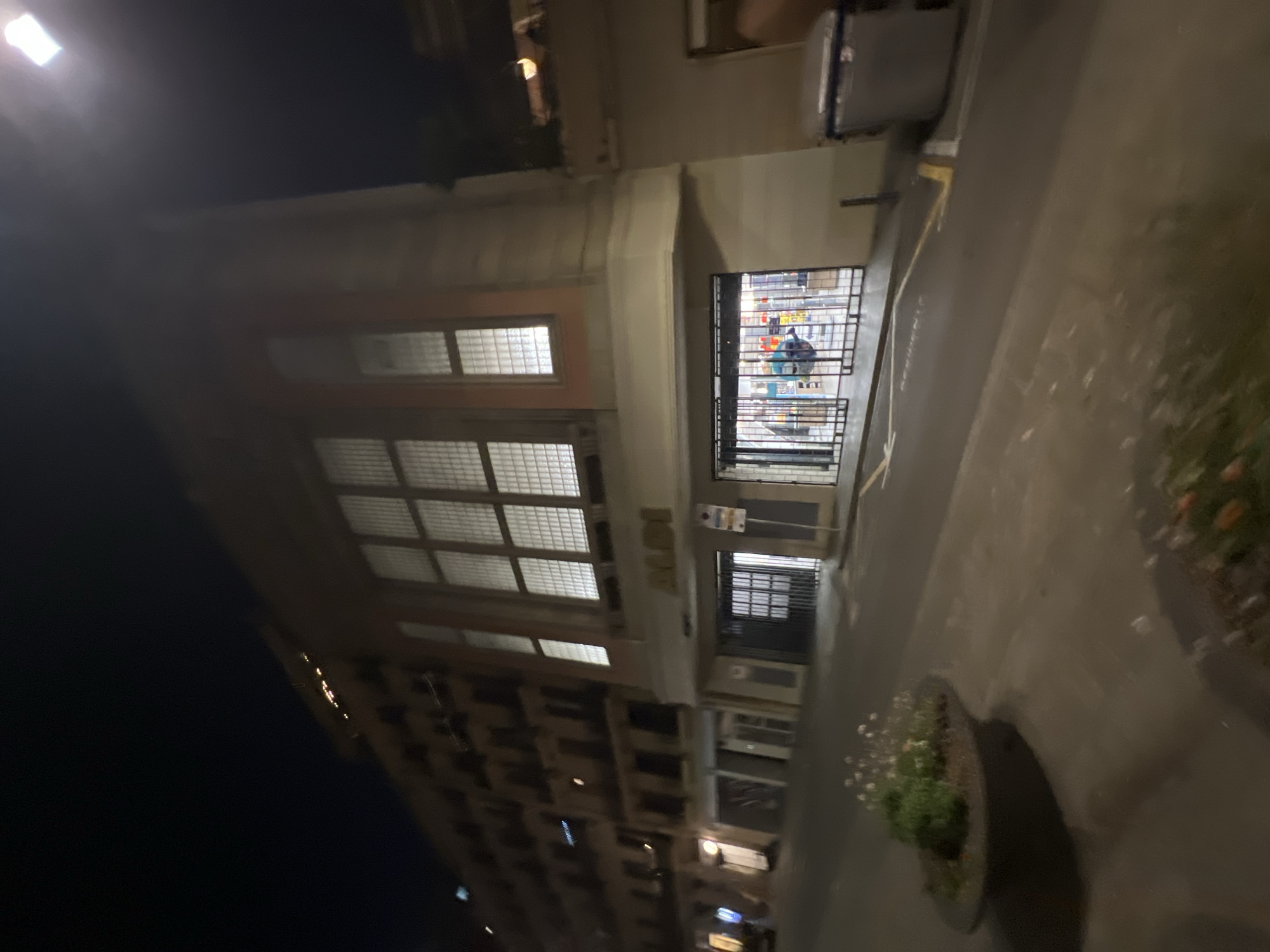 The image depicts the exterior of an Aldi supermarket at night, located on a street in Barcelona, Spain. The building features a large, multi-paned window structure on its upper facade and a storefront with metal security gates. A prominent "ALDI" sign is visible above the entrance. Adjacent to the supermarket, there are other buildings that appear to be residential apartments, characterized by multiple dark windows. In the foreground, a planter with green foliage and small white flowers sits on the sidewalk. The street is paved, with yellow and white markings visible. A large, grey trash receptacle is situated to the right of the Aldi entrance. The scene is illuminated by streetlights, one of which is prominently visible in the upper right corner of the image, and by the lights emanating from within the Aldi store. There are no people clearly visible in the image. The overall impression is a typical urban streetscape at night.