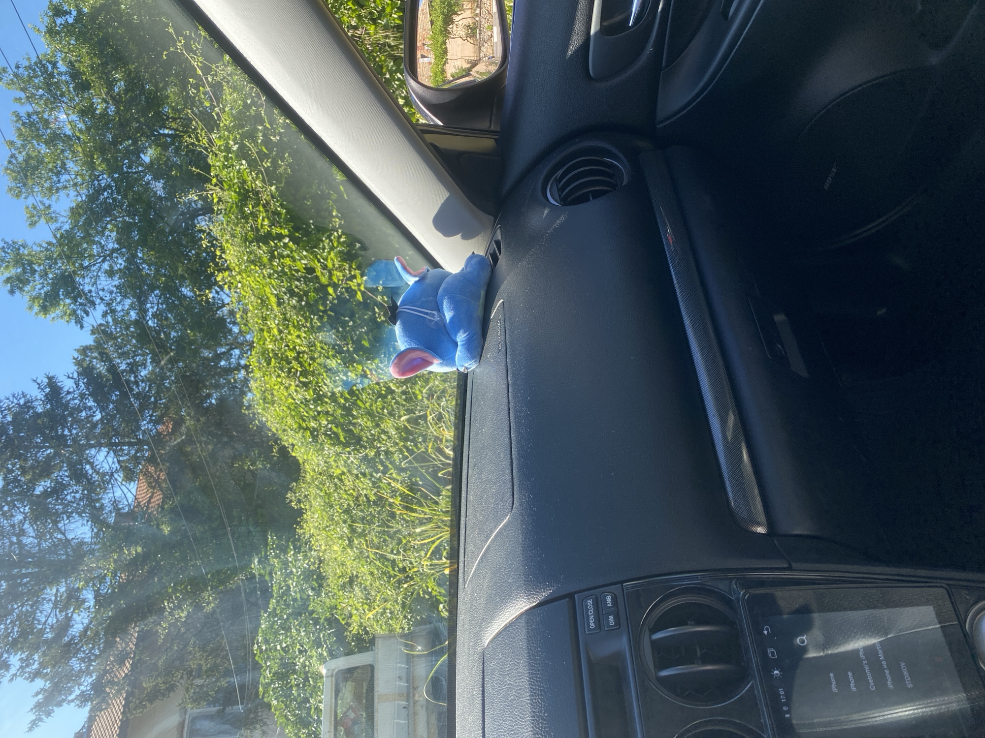 The image shows the interior of a car parked outdoors, likely in the city of Sadovets, Bulgaria, as indicated by the presence of a blue stuffed elephant on the dashboard. The car's dashboard is made of black plastic and includes various buttons and a touchscreen display. Outside the car, dense green foliage and trees are visible, suggesting a natural or semi-rural setting. The sun is shining, casting shadows and highlighting the textures of the dashboard and the surrounding environment. A side-view mirror reflects a building with red-tiled roofs and stone walls, providing a glimpse of the local architecture.